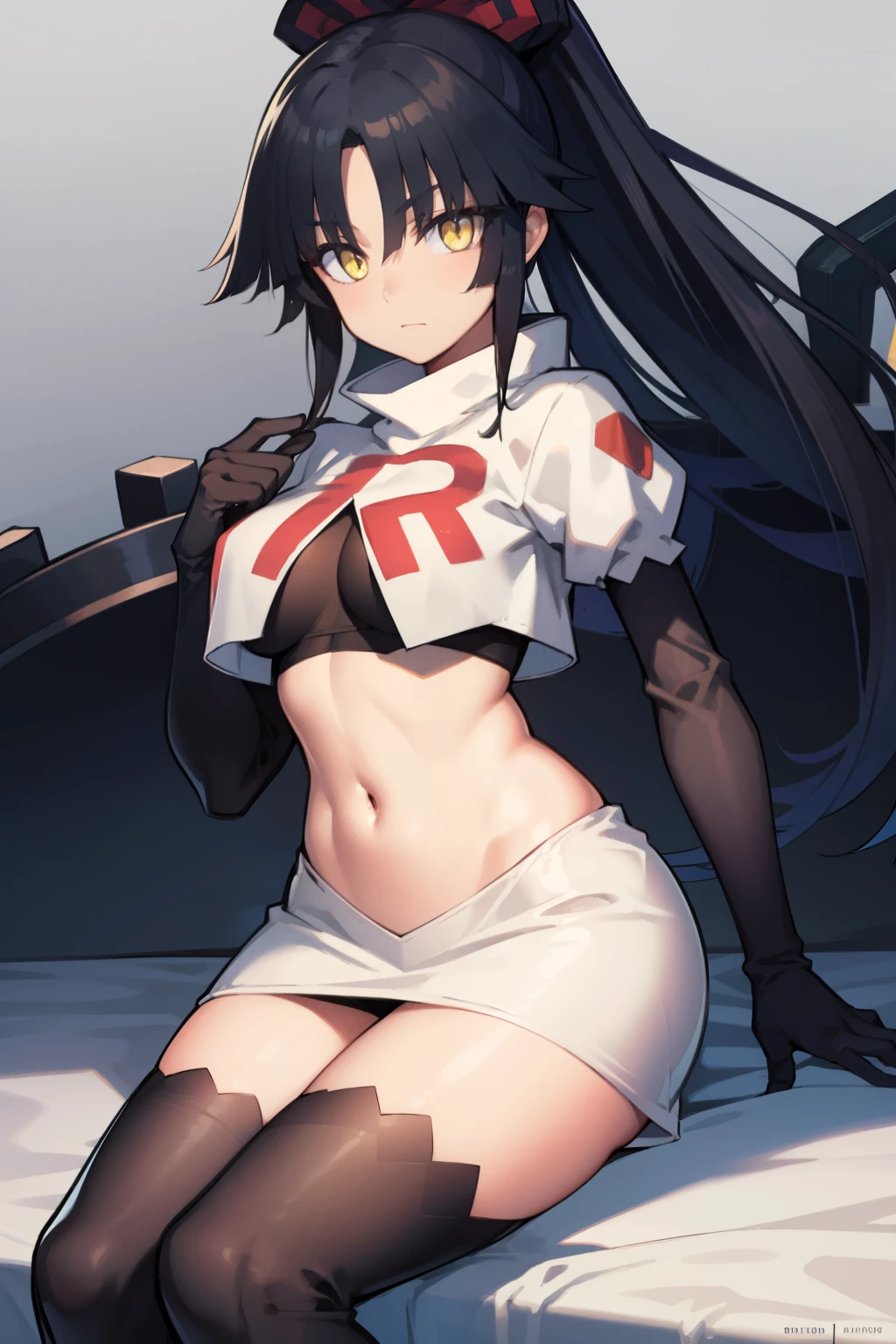 danzoukatou, danzou katou, android, black hair, long hair, ponytail, (yellow eyes:1.5),
BREAK team rocket,team rocket uniform,white skirt,red letter R,crop top,black thigh-highs,black elbow gloves,
BREAK looking at viewer,
BREAK (masterpiece:1.2), best quality, high resolution, unity 8k wallpaper, (illustration:0.8), (beautiful detailed eyes:1.6), extremely detailed face, perfect lighting, extremely detailed CG, (perfect hands, perfect anatomy),