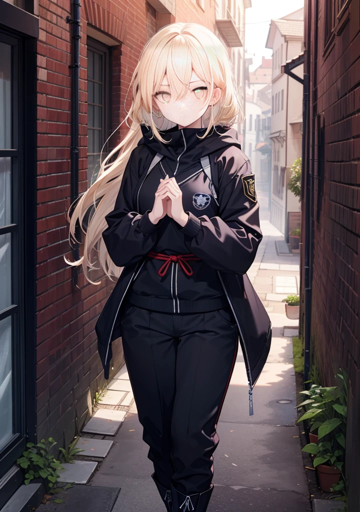 Eiswallenstein, Behind Wallenstein, blonde hair, hair between eyes, hair band, long hair, tying back hair,(yellow eyes:1.5), black ninja uniform,ninja,Shinobi pants,boots,wearing a hood,medieval european style building,serious face,hiding in an alley,break (masterpiece:1.2), highest quality, High resolution, unity 8k wallpaper, (figure:0.8), (beautiful and fine eyes:1.6), highly detailed face, perfect lighting, Very detailed CG, (perfect hands, perfect anatomy),