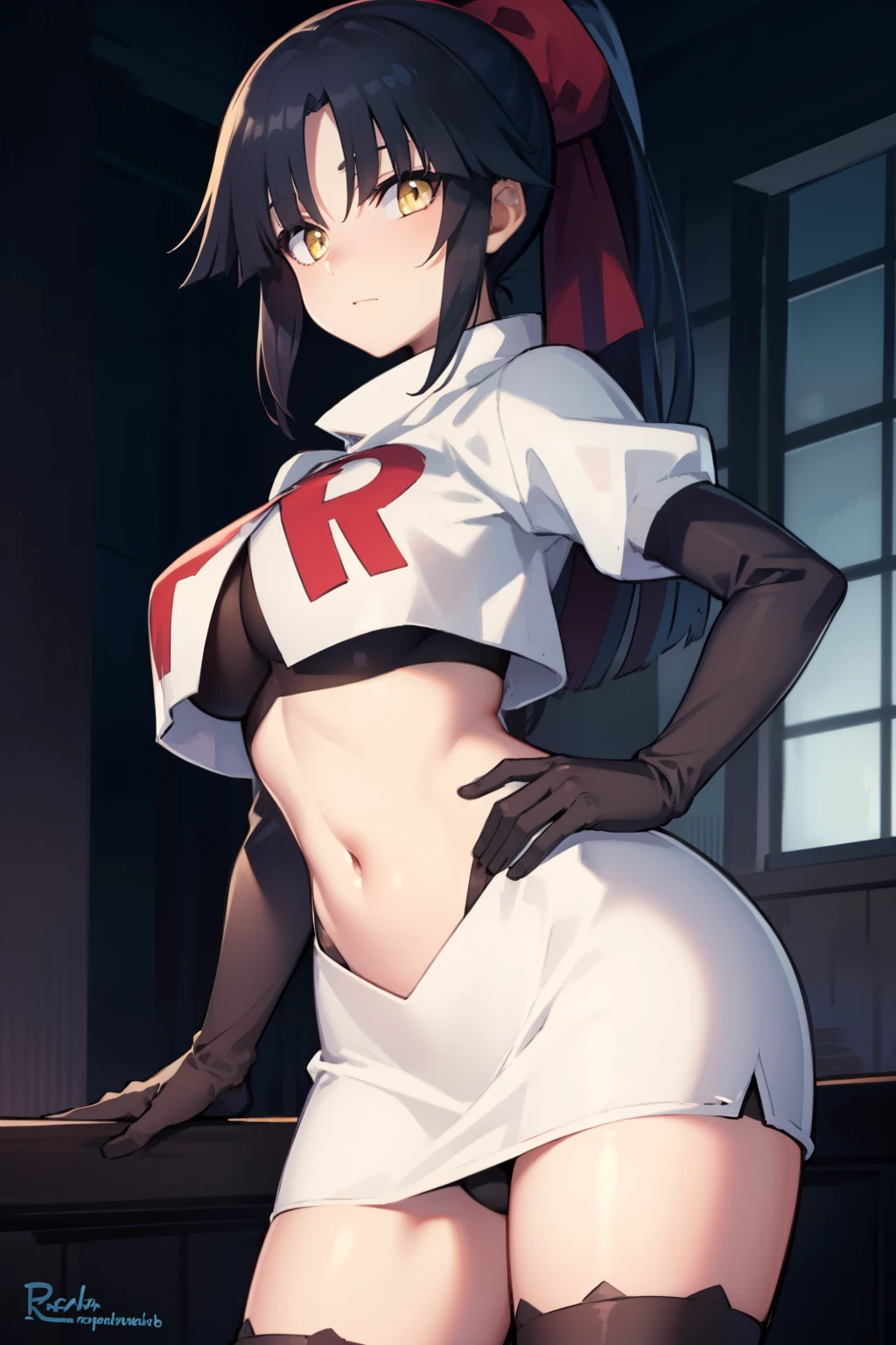 danzoukatou, danzou katou, android, black hair, long hair, ponytail, (yellow eyes:1.5),
BREAK team rocket,team rocket uniform,white skirt,red letter R,crop top,black thigh-highs,black elbow gloves,
BREAK looking at viewer,
BREAK (masterpiece:1.2), best quality, high resolution, unity 8k wallpaper, (illustration:0.8), (beautiful detailed eyes:1.6), extremely detailed face, perfect lighting, extremely detailed CG, (perfect hands, perfect anatomy),