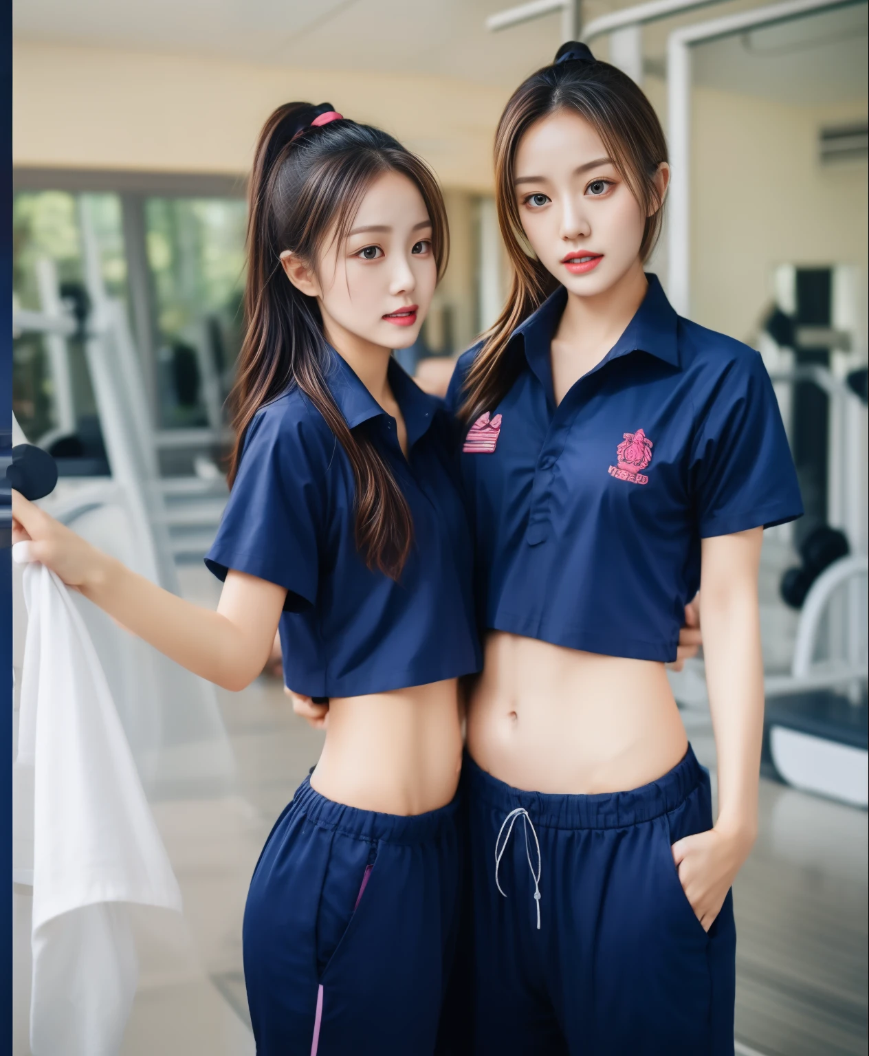 2 girls in the fitness room, Navy blue short-sleeved shirt,Navy Long Trackpant,Sweatpants, Sweatpantsขายาว,25 year old girl, lesbian, sexy, exercise clothes, wet body