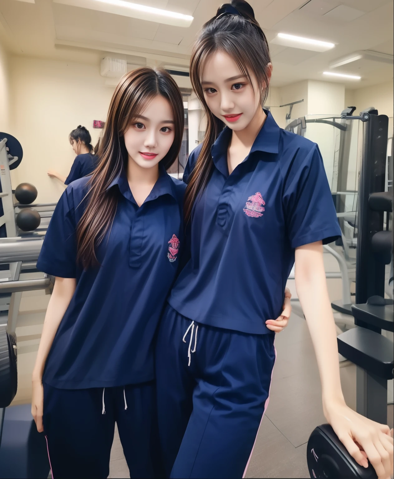 2 girls in the fitness room, Navy blue short-sleeved shirt,Navy Long Trackpant,Sweatpants, Sweatpantsขายาว,25 year old girl, lesbian, sexy, exercise clothes, wet body