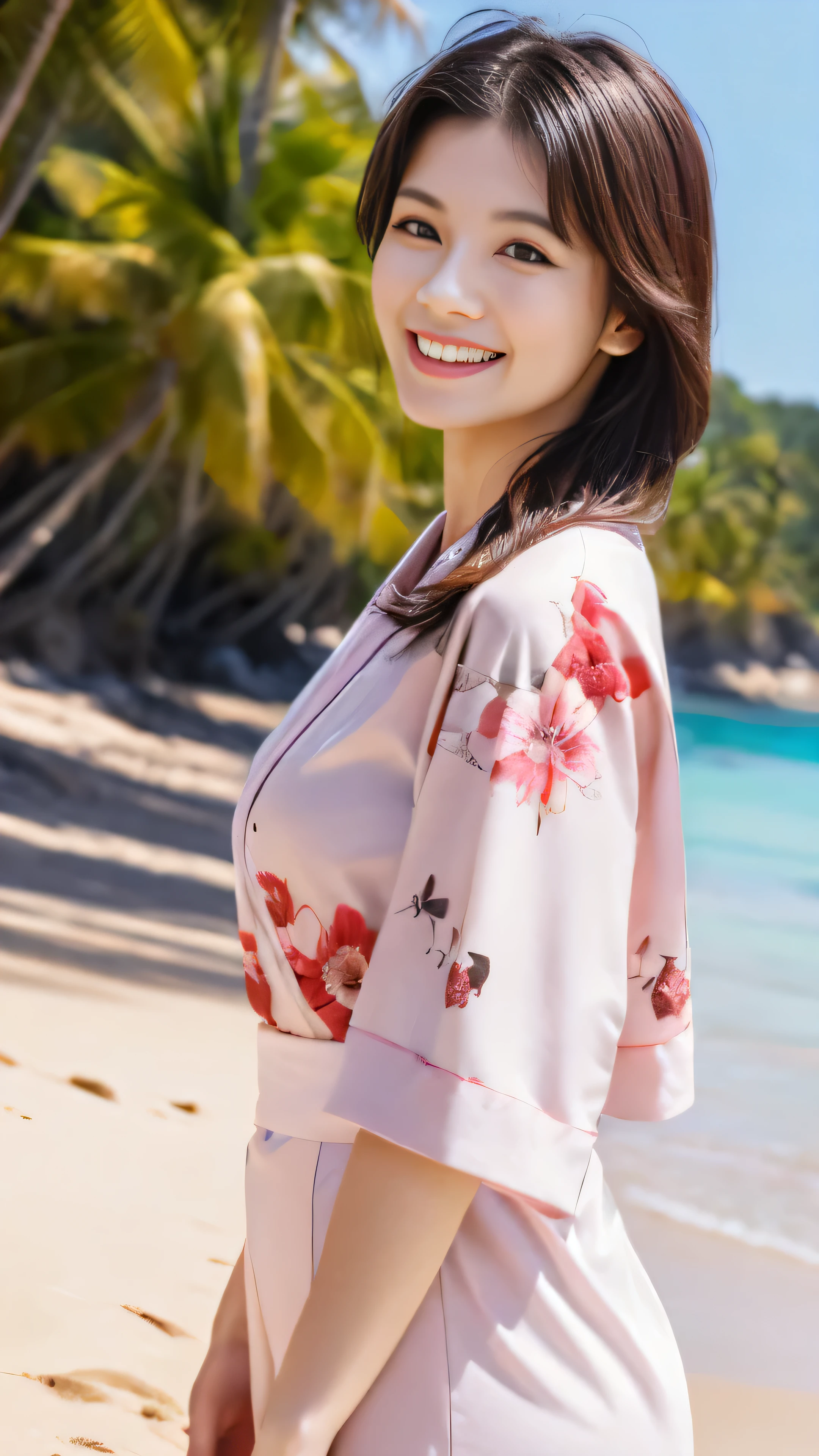 best work of art(masterpiece)), ((Highest image quality)), ((High resolution)), ((Highly detailed CG Unity 8K wallpaper)), solo, Full-body high-resolution image Pink floral kimono,outdoor, facial details, beach, Smiling and looking at the camera on the sandy beach