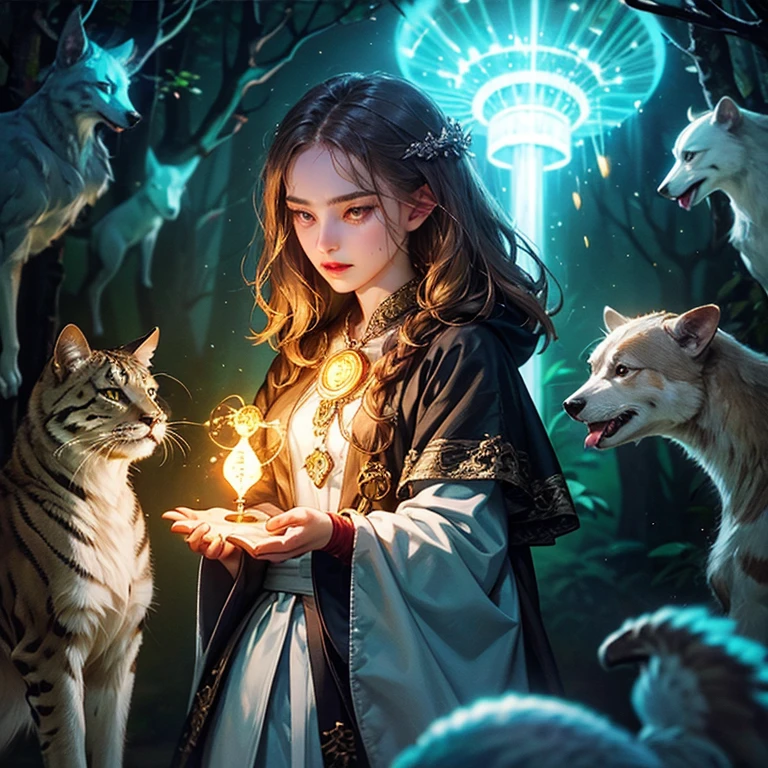 girl and animals energy in animals glowing neon chemiluminescence helping in the forest mystical magic