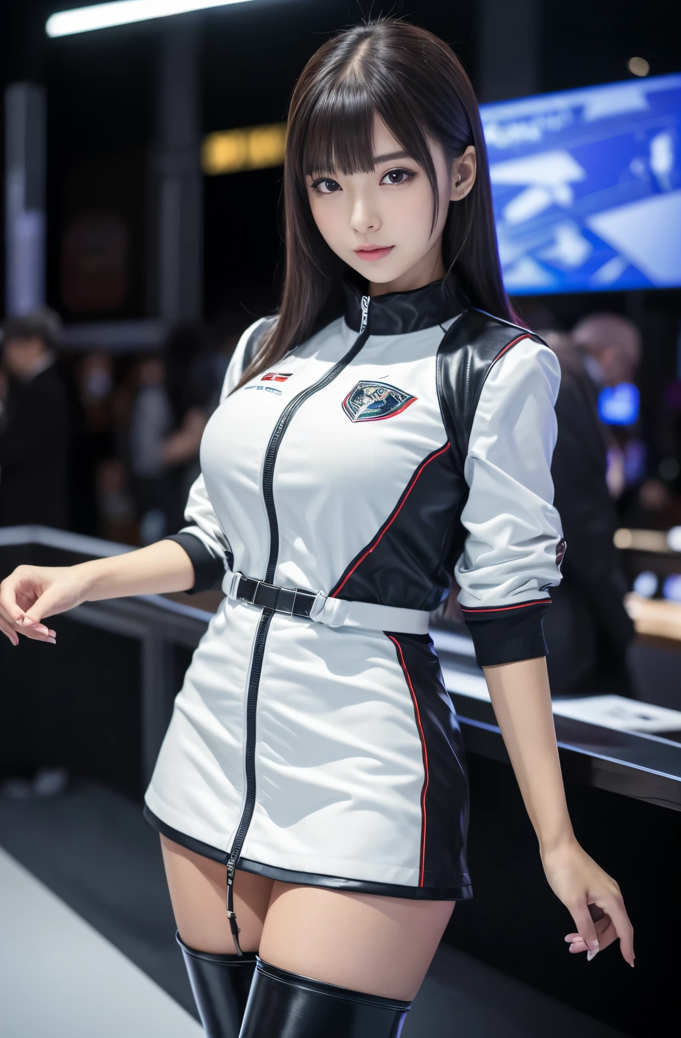 masterpiece, Best Quality, Extremely detailed, (Photorealistic:1.4), (8K, 4K, Best Quality, hight resolution, 超A high resolution:1.1), 8K portrait,Japaese Girl,Plump , announcer,control panels,Blunt bangs,long boots,mini skirt,She is in exhibition hall,promo girl