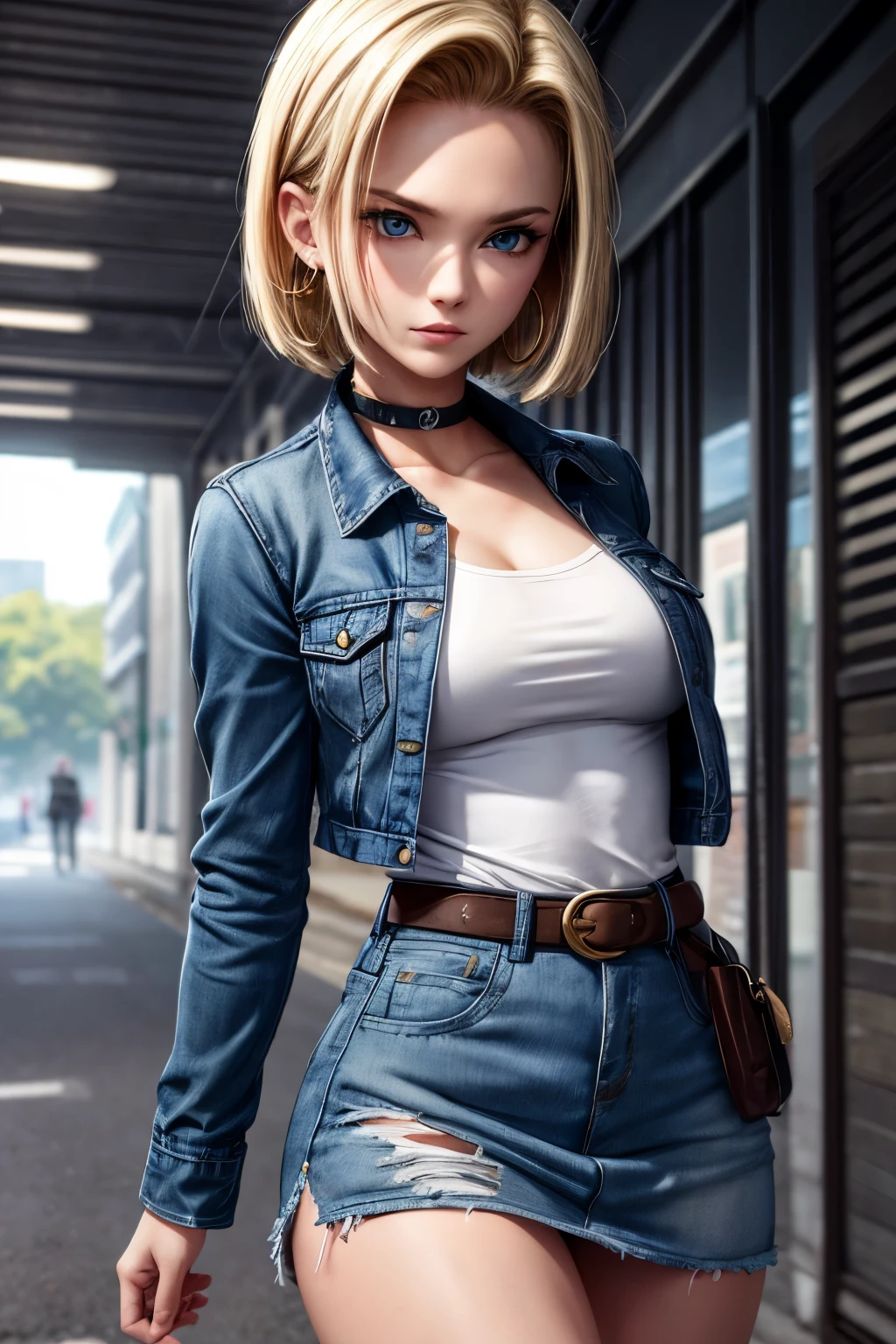 android 18, android 18, blonde hair, blue eyes, eyelash, hoop earrings, short hair, earrings, break belt, black legwear, black shirt, breast pocket, cleavage, clavicle, denim, denim skirt, high-waist skirt, jewelry, long sleeve, pocket, shirt, shirt tucked in, skirt, striped, striped sleeves, waistcoat,, break outdoors, city, null, cloud, sun, break looking at viewer, (cowboy shot:1.5), break (masterpiece:1.2), highest quality, High resolution, unity 8k wallpaper, (figure:0.8), (beautiful and fine eyes:1.6), highly detailed face, perfect lighting, Very detailed CG, (perfect hands, perfect anatomy)