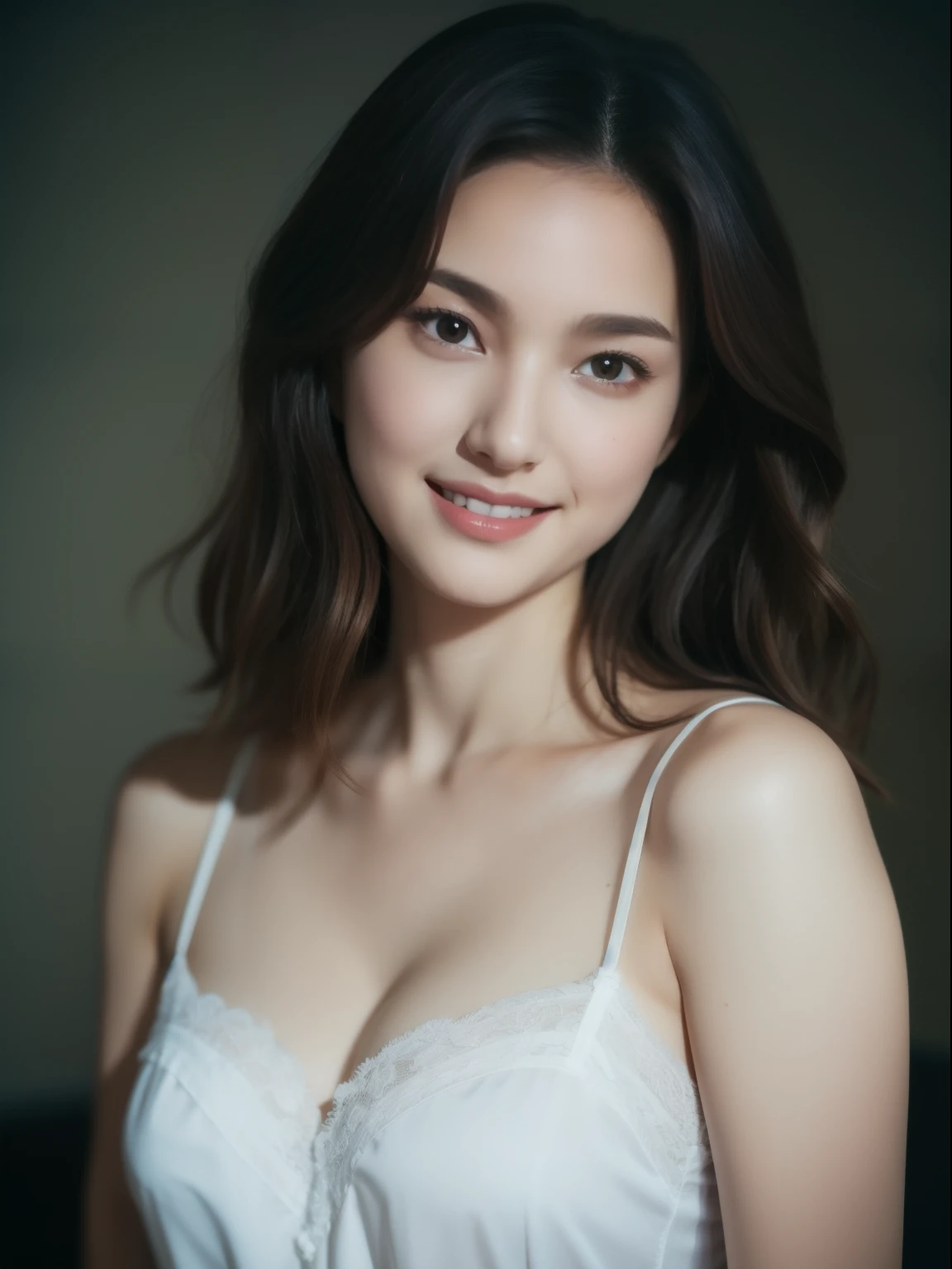 beautiful 30 year old woman。She is wearing a camisole made of satin fabric。Lace on the chest and hem.。cute smile。her dark brown hair、、her hair is long and curly。High resolution、masterpiece、highest quality、Head w:1.4、((Hasselblad Photos))、fine skin、fine knit、(movie lighting)、clavicle