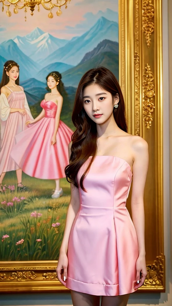 a woman in a short dress posing in front of a painting, gorgeous young korean woman, wearing an elegant dress, beautiful young korean woman, sexy dress, beautiful south korean woman, yanjun chengt, jaeyeon nam, korean women's fashion model, elegant dress, hwang se - on, pink dress, korean artist, wearing a pink dress, cute korean actress