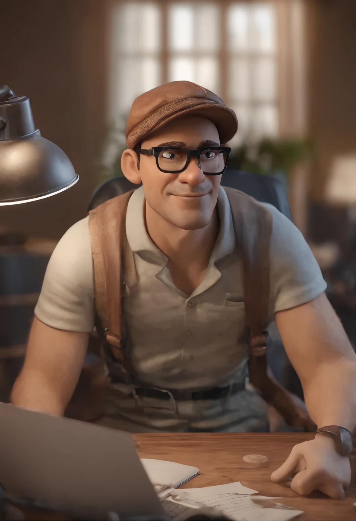 Cartoon character of a male announcer in a cap sitting at a computer desk, animation character, stylized character, animation style render, 3D stylized, 3D rendering stylized, Cartoon rendering of a key frame, 3D персонаж, 3D персонаж, 3D-рендеринг стилизованный, 3D character rendering, cartoon character, character close up, Character pose, (Pixar Style) (main part:1.2) (hips) (Best quality) (detailed skin) (detailed texture) (8K) (clay) (cinematic lighting) (Sharp Focus