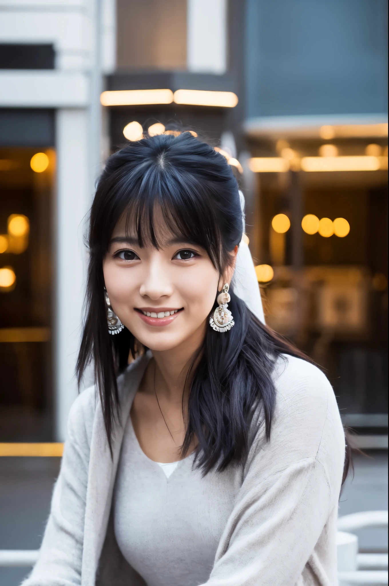 Japanese lady, 30 years old, casual outfit, long black hair, colored inner hair, empty eyes, earrings, smile, depth of field, cinematic lighting, Canon, f/1.2, UHD, masterpiece, anatomically correct, textured skin, super detail, high quality, 8k, HD