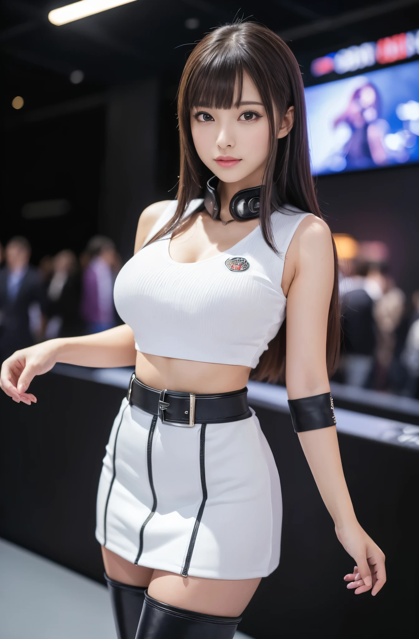 masterpiece, Best Quality, Extremely detailed, (Photorealistic:1.4), (8K, 4K, Best Quality, hight resolution, 超A high resolution:1.1), 8K portrait,Japaese Girl,Plump , announcer,control panels,Blunt bangs,long boots,mini skirt,She is in exhibition hall,promo girl