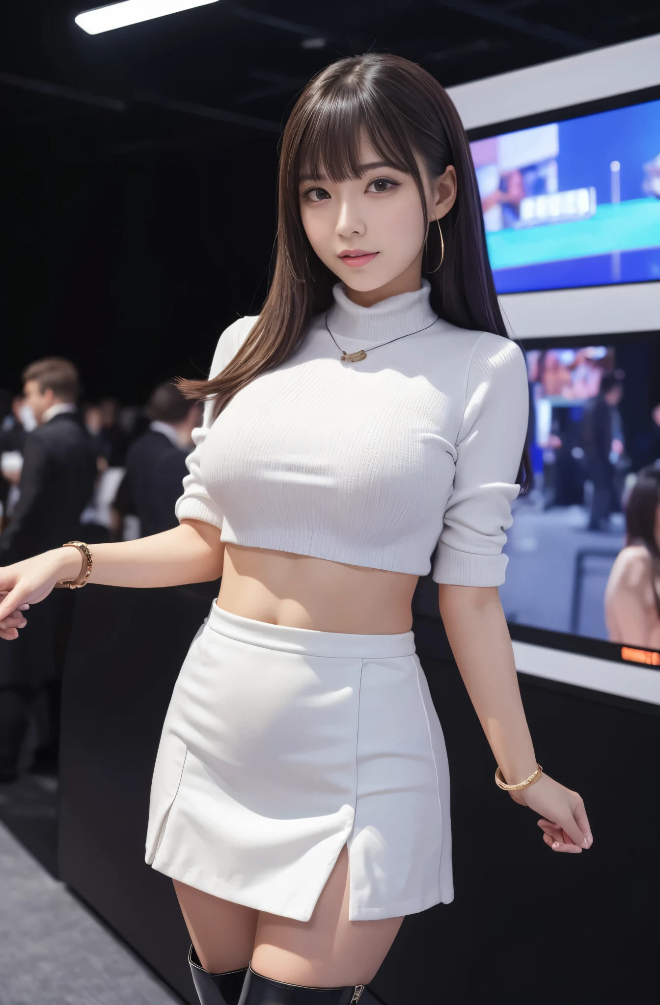 masterpiece, Best Quality, Extremely detailed, (Photorealistic:1.4), (8K, 4K, Best Quality, hight resolution, 超A high resolution:1.1), 8K portrait,Japaese Girl,Plump , announcer,control panels,Blunt bangs,long boots,mini skirt,She is in exhibition hall,promo girl