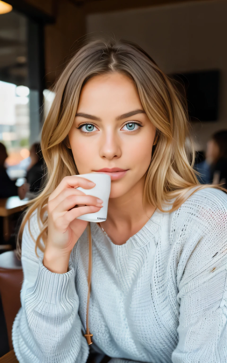 beautiful blonde wearing pink sweater (sipping coffee inside a modern café at sunset), very detailed, 21 years old, innocent face, natural wavy hair, blue eyes, high resolution, masterpiece, best quality, intricate details, highly detailed, sharp focus, detailed skin, realistic skin texture, texture, detailed eyes, professional, 4k, charming smile, shot on Canon, 85mm, shallow depth of field, kodak vision color, perfect fit body, extremely detailed, foto_\(ultra\), photorealistic, realistic, post-processing, maximum detail, roughness, real life, ultra realistic, photorealism, photography, 8k uhd, photography