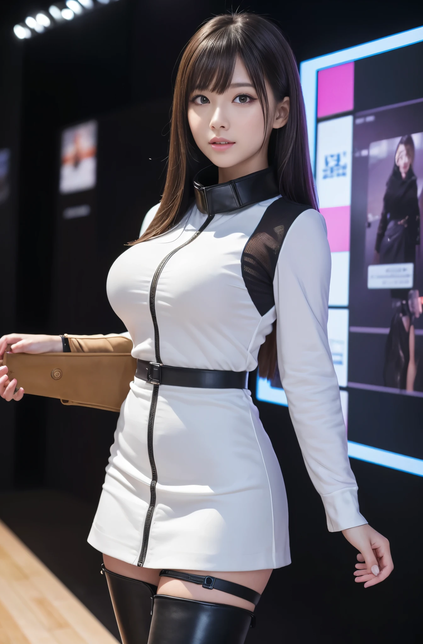 ((((highest quality))))、(((Ultra-precision CG16K wallpaper)))、(((masterpiece)))、(((Super detailed)))、(((Extreme detail)))、((1Mature 29 year old woman:1.6))、((Very beautiful Japanese faces))、((Yua Mikami:1.5))、((Soft wavy short bob hair、blunt bangs:1.5))、(Shiny brown hair)、Beautiful delicate brown eyes、eyeliner、eye shadow、High nose、Small nostrils、Small Mouth、Seductive lips、Beautiful breasts、((C cup size breasts))、Cleavage、Voluptuous body、eight-headed body、Perfect proportions、Perfect Anatomy、Perfect composition、Beautiful detailed shading、Beautiful, natural lighting、Beautiful detail glow、Depth of written boundary、(((High chroma)))、(((Real:1.9)))、((vivid:1.5))、((Beautiful Skin))、((Skin Texture))、((Realな皮膚感))、(((Cowboy Shot:1.6)))、((Front view、shoot from front、Front low angle:1.6))、(((smile:1.6)))、((The woman is looking at this、looking at viewer、Facing forward:1.6))、Bright daylight、Natural light、(((Shopping mall、Concourse:1.5)))、(Fashion model pose:1.5)、(((Security guard uniform bodysuit clothing:1.6)))、((Earrings、Wearing a necklace:1.3))、