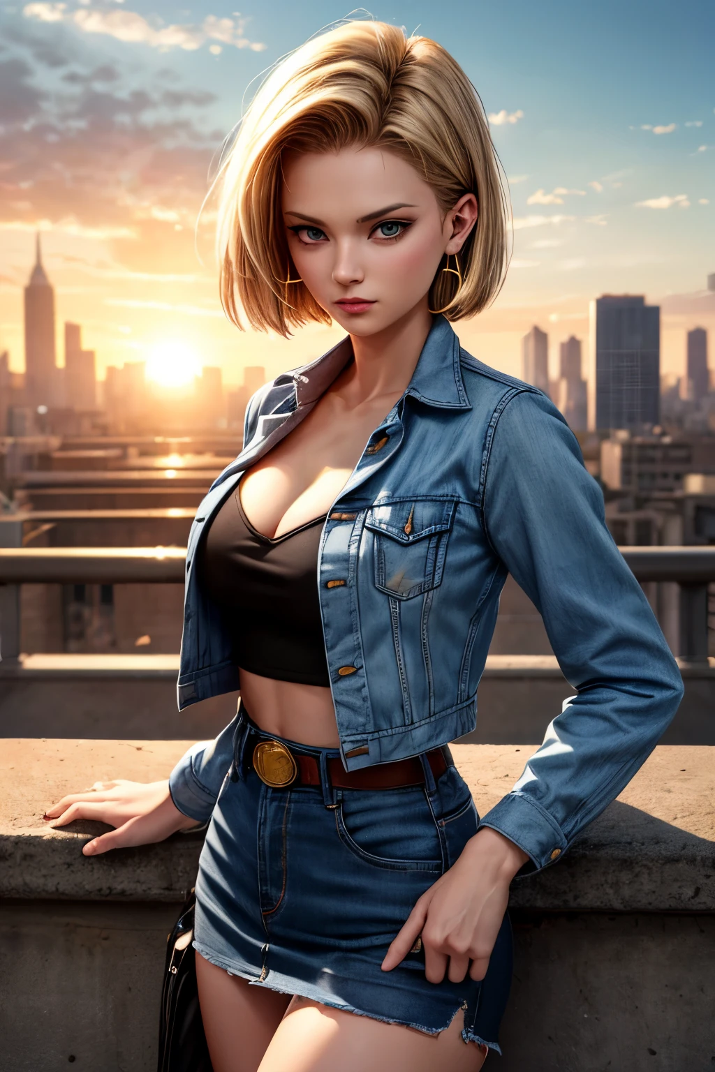 android 18, android 18, blonde hair, blue eyes, eyelash, hoop earrings, short hair, earrings, break belt, black legwear, black shirt, breast pocket, cleavage, clavicle, denim, denim skirt, high-waist skirt, jewelry, long sleeve, pocket, shirt, shirt tucked in, skirt, striped, striped sleeves, waistcoat,, break outdoors, city, null, cloud, sun, break looking at viewer, (cowboy shot:1.5), break (masterpiece:1.2), highest quality, High resolution, unity 8k wallpaper, (figure:0.8), (beautiful and fine eyes:1.6), highly detailed face, perfect lighting, Very detailed CG, (perfect hands, perfect anatomy)