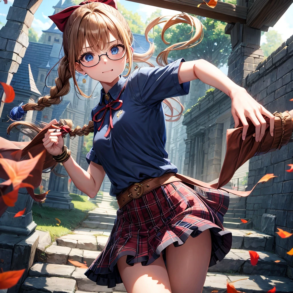 reddish-brown blonde、blue hair、blue eyes、ponytail、Braid、one good looking girl、solo、anime、Plaid miniskirt、camisole、black t-shirt、Tilting your face、Doing the ribbon、Ribbon at waist、sunset sky、stone stairs、tunnel、Fallen leaves、wearing glasses、Light and shadow、maze、monster castle、lanthanum、corridor、One leg is raised、pinwheel、castle floating in the air、7 cylinders、Jewelry box、flag、holding one's fingers in one's mouth