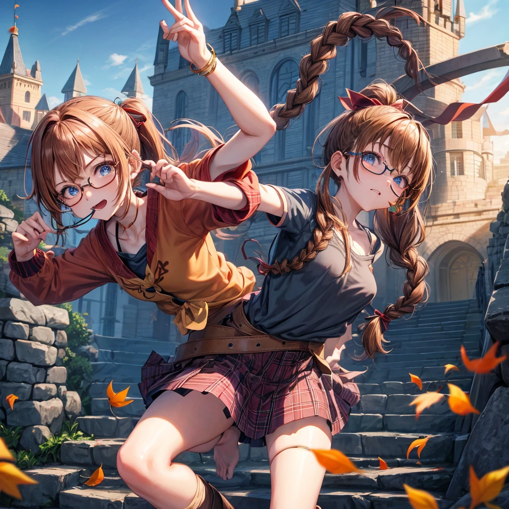 reddish-brown blonde、blue hair、blue eyes、ponytail、Braid、one good looking girl、solo、anime、Plaid miniskirt、camisole、black t-shirt、Tilting your face、Doing the ribbon、Ribbon at waist、sunset sky、stone stairs、tunnel、Fallen leaves、wearing glasses、Light and shadow、maze、monster castle、lanthanum、corridor、One leg is raised、pinwheel、castle floating in the air、7 cylinders、Jewelry box、flag、holding one's fingers in one's mouth