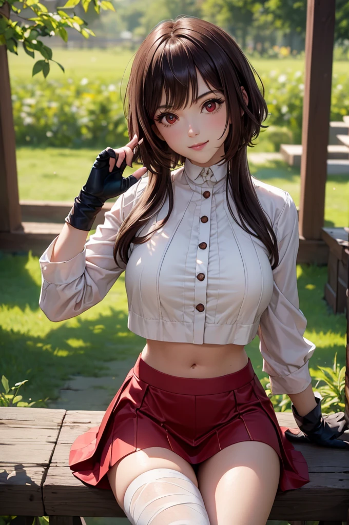 (masterpiece, best quality, bright light, ultra detailed, detailed background, complex background), (perfect face, detailed face), (mature woman, milf:1.4), blush all over the face, happy and parted lips, light smile , megumin, 1girl, alone, looking at viewer, short hair, short hair with long locks, red skirt, red, miniskirt, white blouse, gloves, black gloves, thighs, bandages, fingerless gloves , crop top, bandaged leg, nice thighs, single thigh (outdoor, garden, sitting)