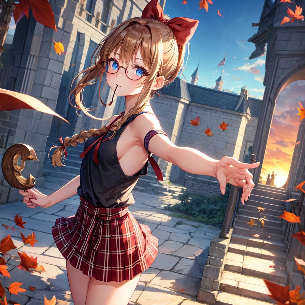 reddish-brown blonde、blue hair、blue eyes、ponytail、Braid、one good looking girl、solo、anime、Plaid miniskirt、camisole、black t-shirt、Tilting your face、Doing the ribbon、Ribbon at waist、sunset sky、stone stairs、tunnel、Fallen leaves、wearing glasses、Light and shadow、maze、monster castle、lanthanum、corridor、One leg is raised、pinwheel、castle floating in the air、7 cylinders、Jewelry box、flag、holding one&#39;s fingers in one&#39;s mouth