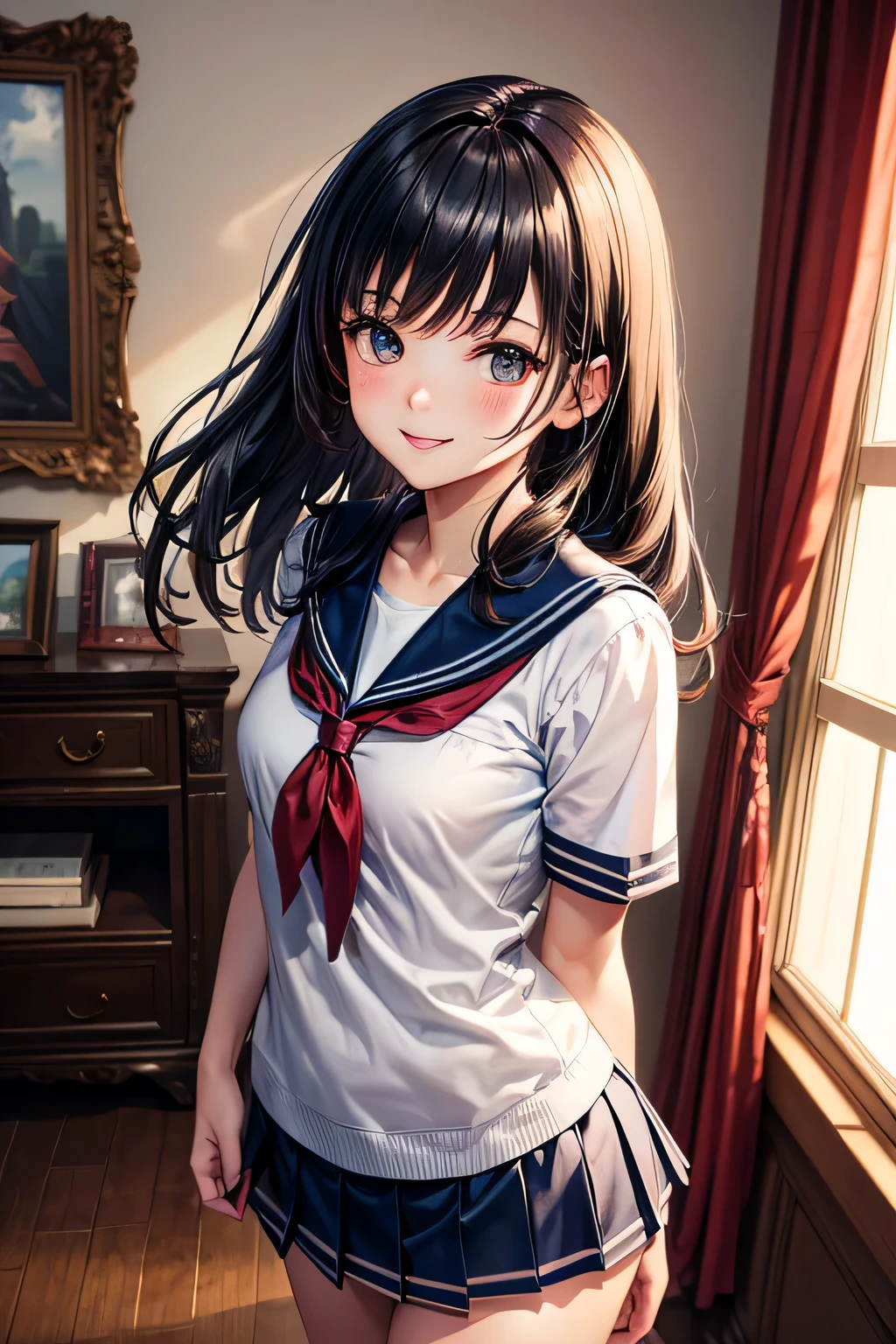 very cute and beautiful girl,(very detailed美しい顔と目:1.2),sailor suit,navy blue pleated mini skirt, skirt lift,(white panties),dynamic angle,(smile),blush,looking at the viewer,black hair, european antique living room,plush furnishings, (highest quality,masterpiece:1.2),disorganized,High resolution,super detailed,very detailed,32K,8K resolution, intricate details,movie-like scene,detailed background,alone,dynamic angle, Natural light,hair blowing in the wind,