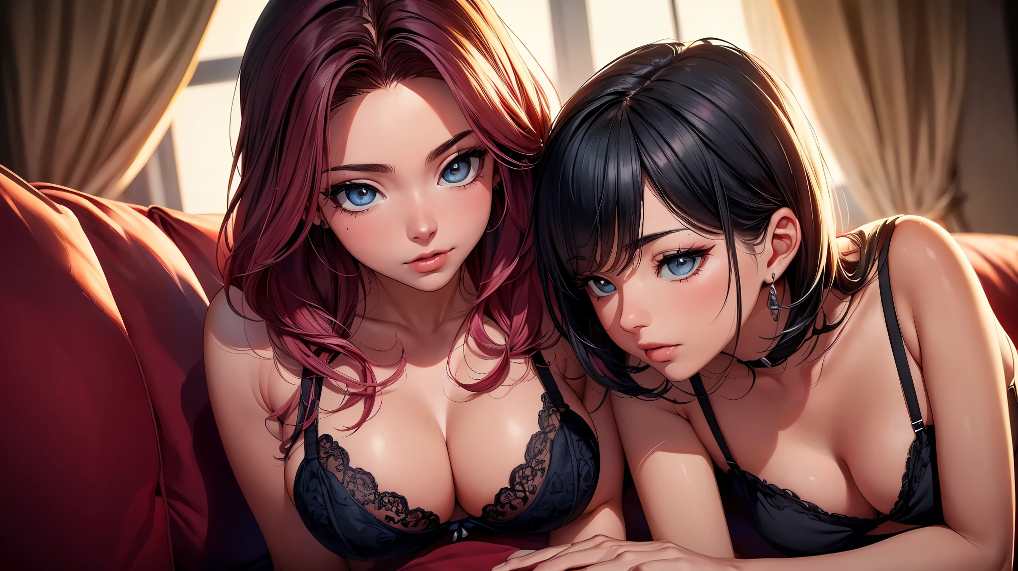 (8K, RAW photo, 最high quality, masterpiece: 1.2), High-definition RAW color photo, Professional photo shoot, cinematic light, (((young woman, 2 gals, a picture of 2 women))), (Sharp features), (Big eyes), (small face), (high detail skin: 1.2), clavicle, cute face, beautiful appearance, long eyelashes, (Rainbow hair color), (beautiful breasts), (slender body:1.5), very detailed顔と肌の質感, fine eyes, natural makeup, A world of just the two of us, female masturbation, Enjoying the act, A glimpse of sexy lingerie, flowing hair, disheveled clothing, (((lie down on the sofa, sexual acts between women))), highly detailed arms, staring eyes, beautiful skin, shiny skin, perfect fingers, five fingers, anatomically correct, background bokeh, high quality, surreal, bright colors, ((very detailed, photo shoot)),