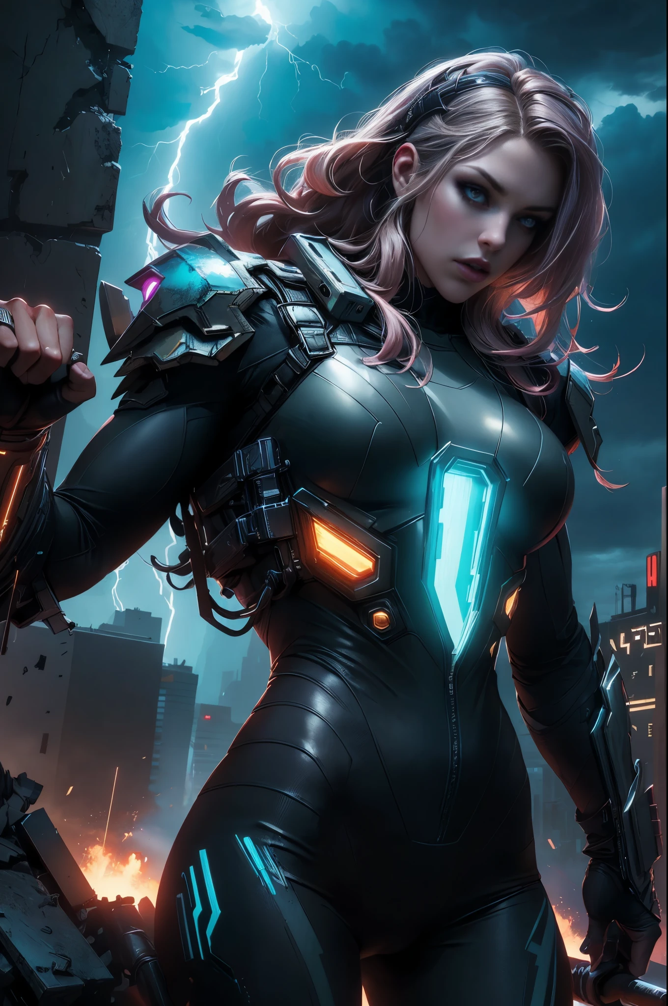 (Photorealistic:1.4) image of a cyber punk Teagan Presley (raising the huge hammer high like it was Thor's) (top-quality, 8K, 32K, masterpiece), (dynamic pose), ((facing camera)), (looking at camera), cowboy shot, shapeless hair, white cyberpunk swinsuit armored clothing, depth of field f/1.8, cyberpunk city background, cinematic lighting. lightning and thunder falling from the sky, 8k masterpiece high quality