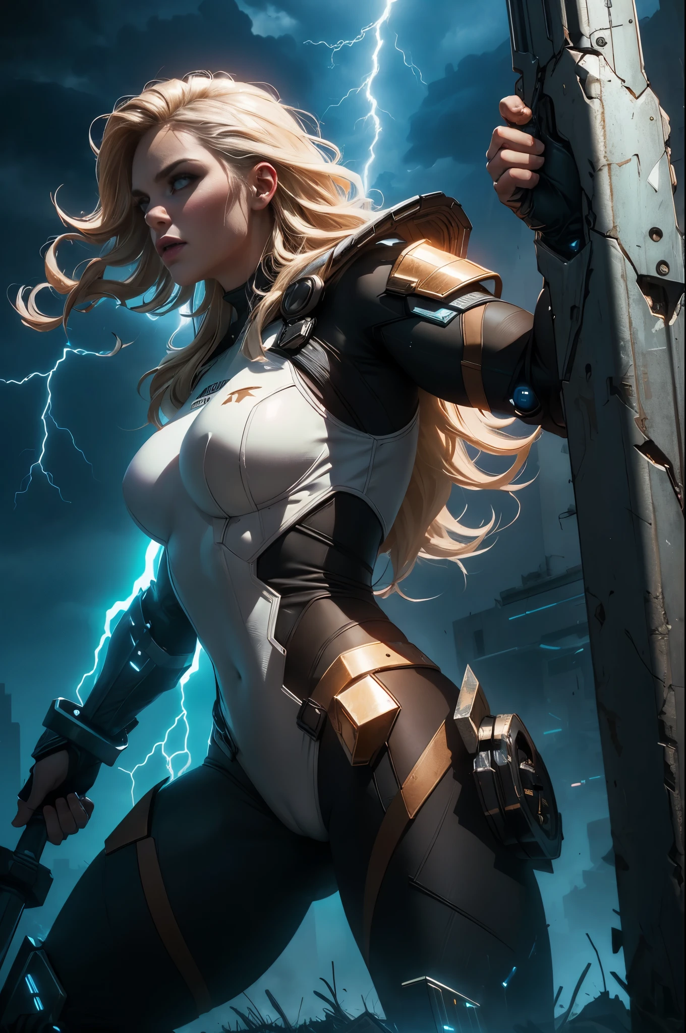 (Photorealistic:1.4) image of a cyber punk Teagan Presley (raising the huge hammer high like it was Thor's) (top-quality, 8K, 32K, masterpiece), (dynamic pose), ((facing camera)), (looking at camera), cowboy shot, shapeless hair, white cyberpunk swinsuit armored clothing, depth of field f/1.8, cyberpunk city background, cinematic lighting. lightning and thunder falling from the sky, 8k masterpiece high quality