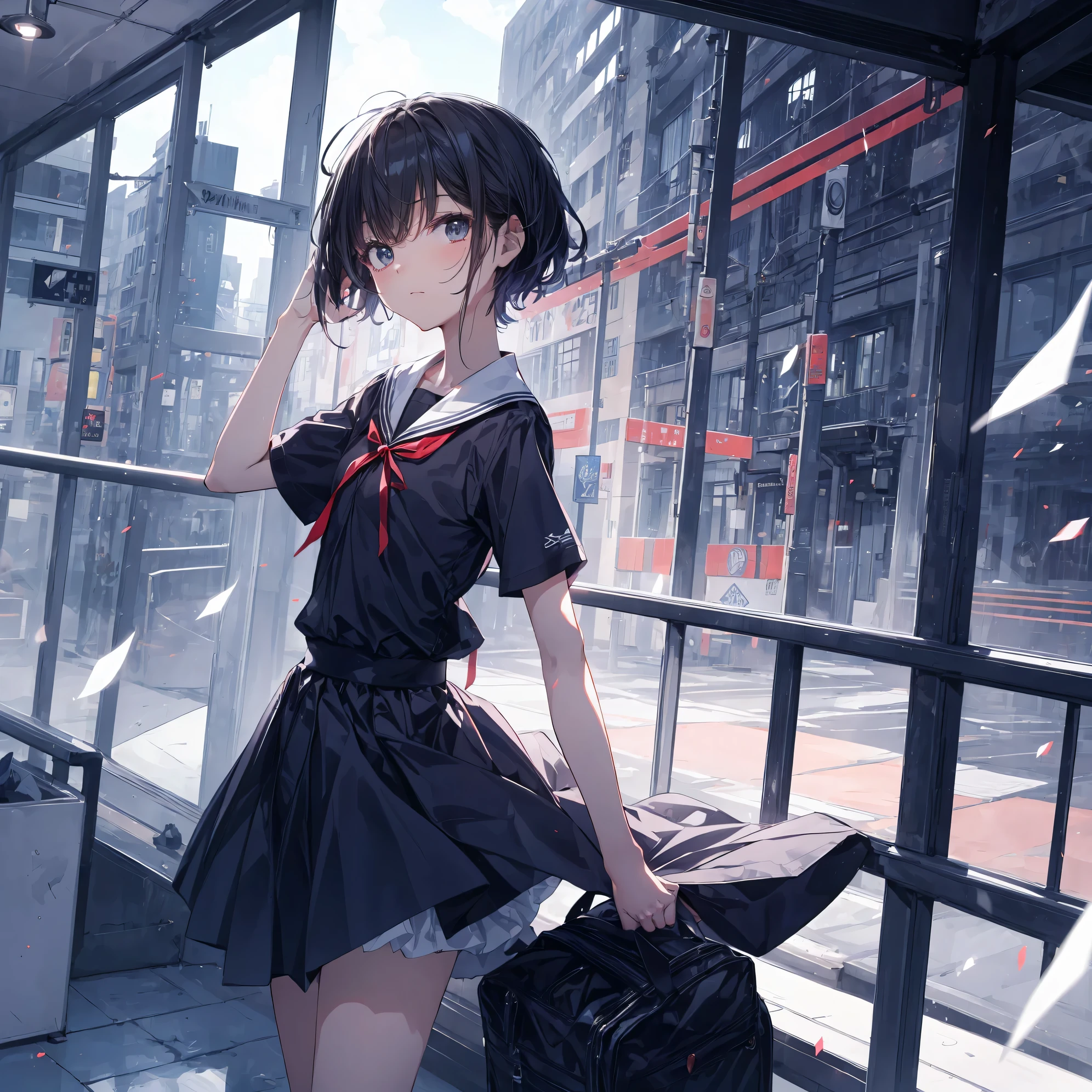 Super high quality by the art god, super detailed, High resolution,Fujiyama style, anime moe art style, best anime 8K konachan wallpaper, pixiv contest winner, perfect anatomy, break,(眠そうにalone学校へ行く女の子を描いてください. ),break, surreal high school girl, (alone,ta, , 13 y),All limbs, full finger,, androgynous charm, (very short hair), messy hair, flat chest, small ass, between legs, Small black eyes,beautiful and fine eyes, Well-proportioned iris and pupils, disgusted eyes, High resolutionの詳細な髪, wearing school uniform, (skirt), On the way to school. break,super dense skin, Best lighting by famous artists, 8K, figure,
