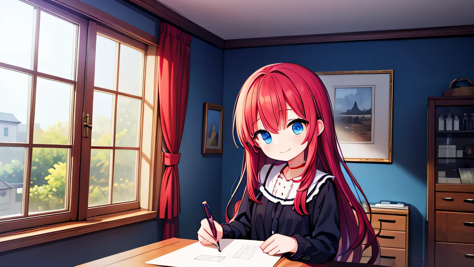 anime, (masterpiece:1.2), inside small house, daylight, a mature girl with long red hair and blue eyes in black dress is drawing on a canvas, light smile