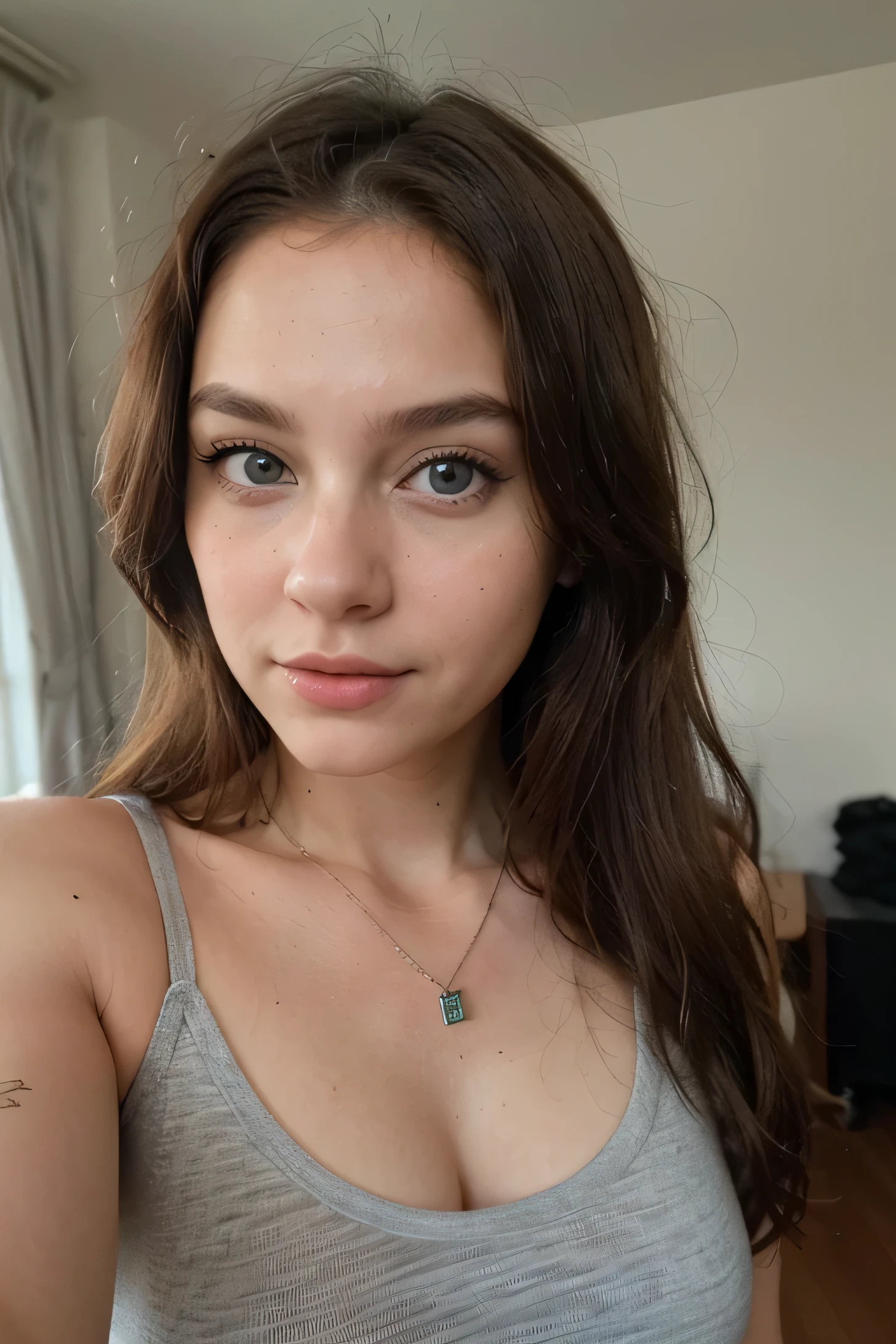 (Please generate an image of a young woman wearing a t shirt and a necklace. She has brown hair, big, blue eyes, and a subtle, natural makeup look. The selfie should show her without visible makeup, and she should be looking directly into the camera. The face should appear realistically natural. The full-body shot of this attractive woman should feature a striking pose, and she has piercing blue eyes. The girl has a sweet demeanor, and the pose should also be sweet. Please ensure that the entire body of the woman is visible in the image. The background should be clear and uncluttered. The details of the image should be of high quality(best quality)), ((masterpiece)), (detailed), perfect face