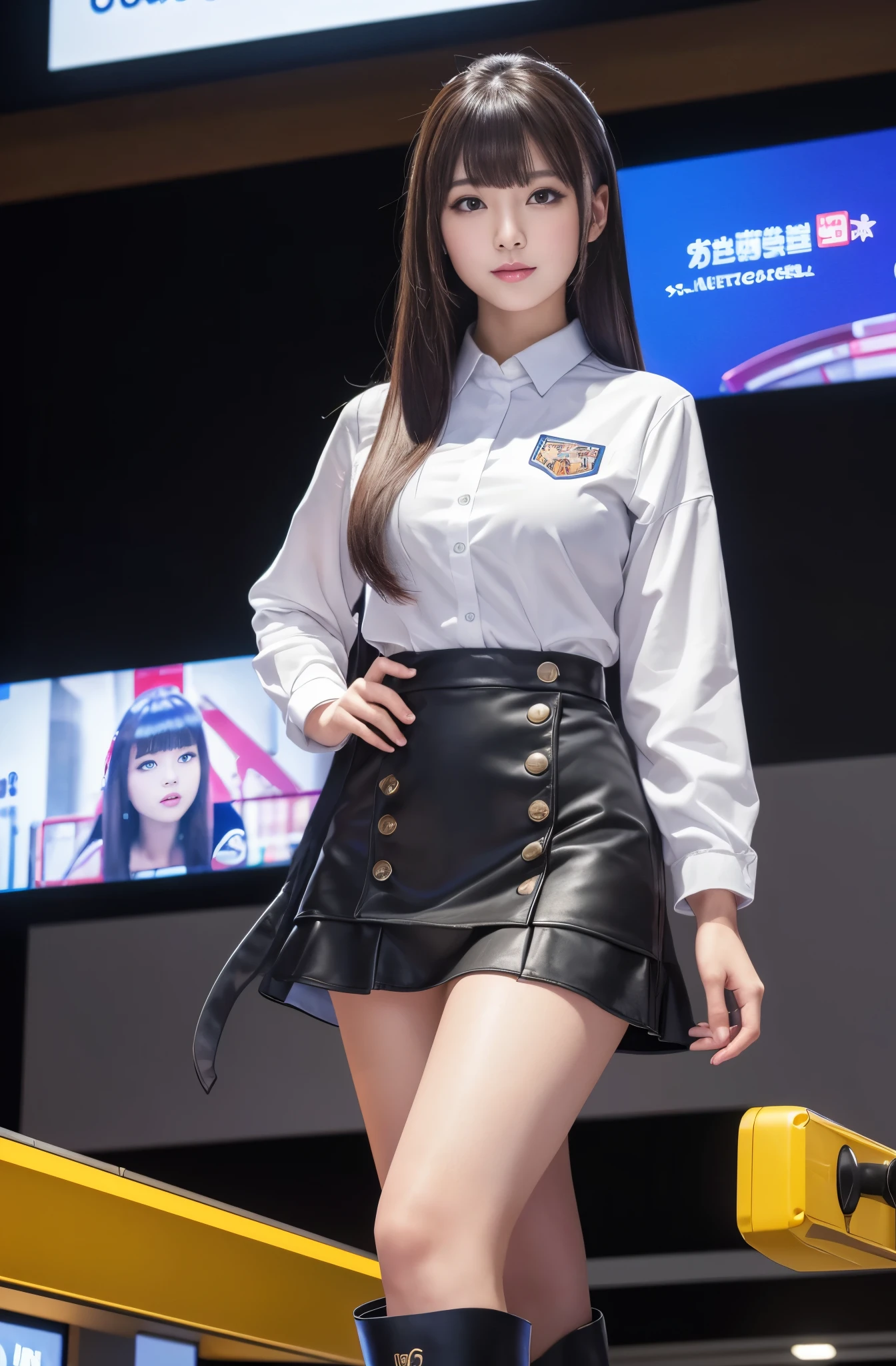 1 female、(super beautiful)、(beautiful face:2)、(detailed face:1.3)、(stand in front of a large weather map screen:1.3)、(above the knee shot)、(he)、(mini skirt:1.2)、(tailored jacket)、(Lift up your skirt and expose your white panties:1.5)、(barefoot:1.5)、(Clothes:1.3)、brown hair、broadcasting equipment、(TV News Studio:1.2)