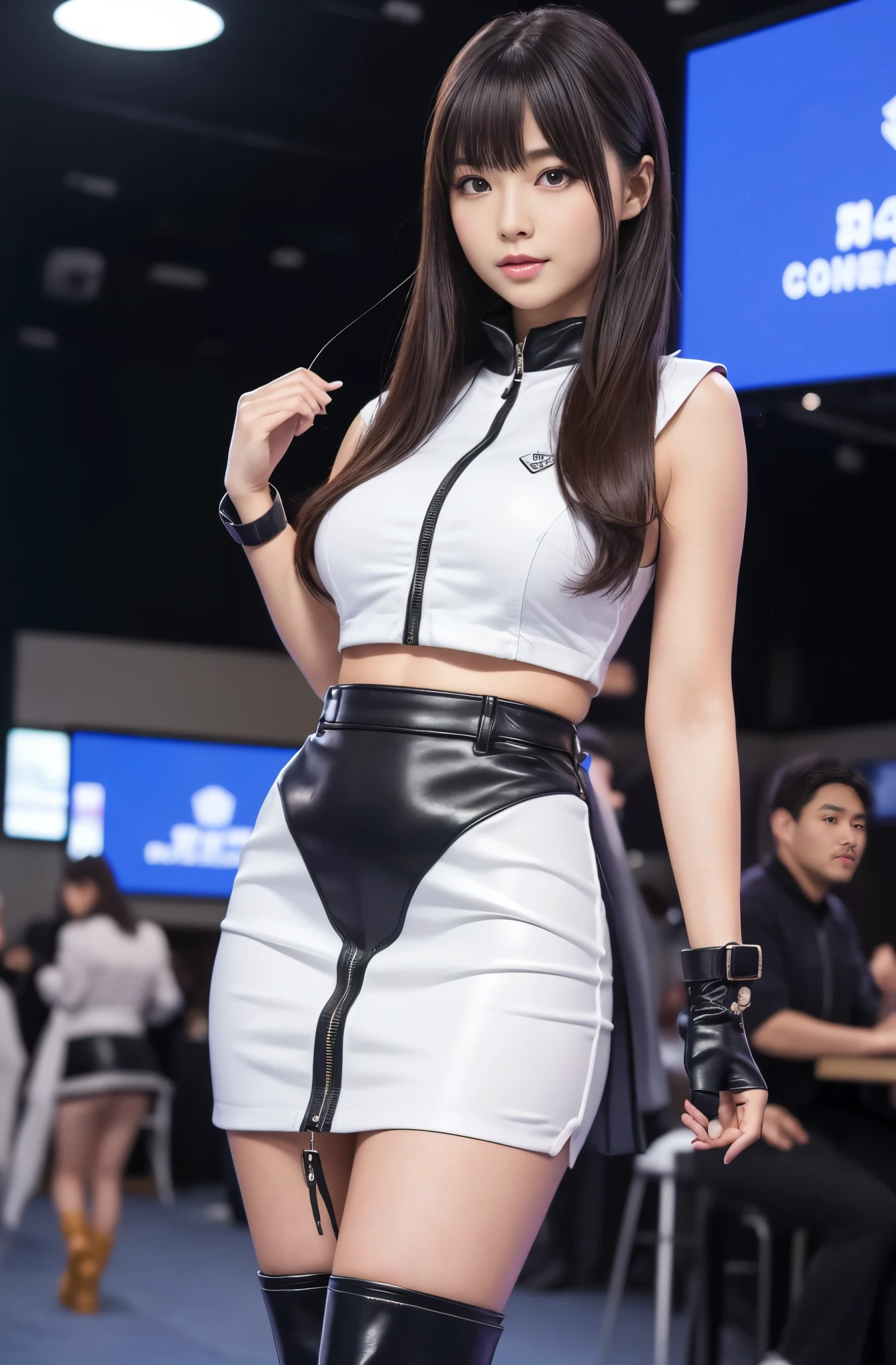 masterpiece, Best Quality, Extremely detailed, (Photorealistic:1.4), (8K, 4K, Best Quality, hight resolution, 超A high resolution:1.1), 8K portrait,Japaese Girl,Plump , announcer,control panels,Blunt bangs,long boots,mini skirt,She is in exhibition hall,promo girl