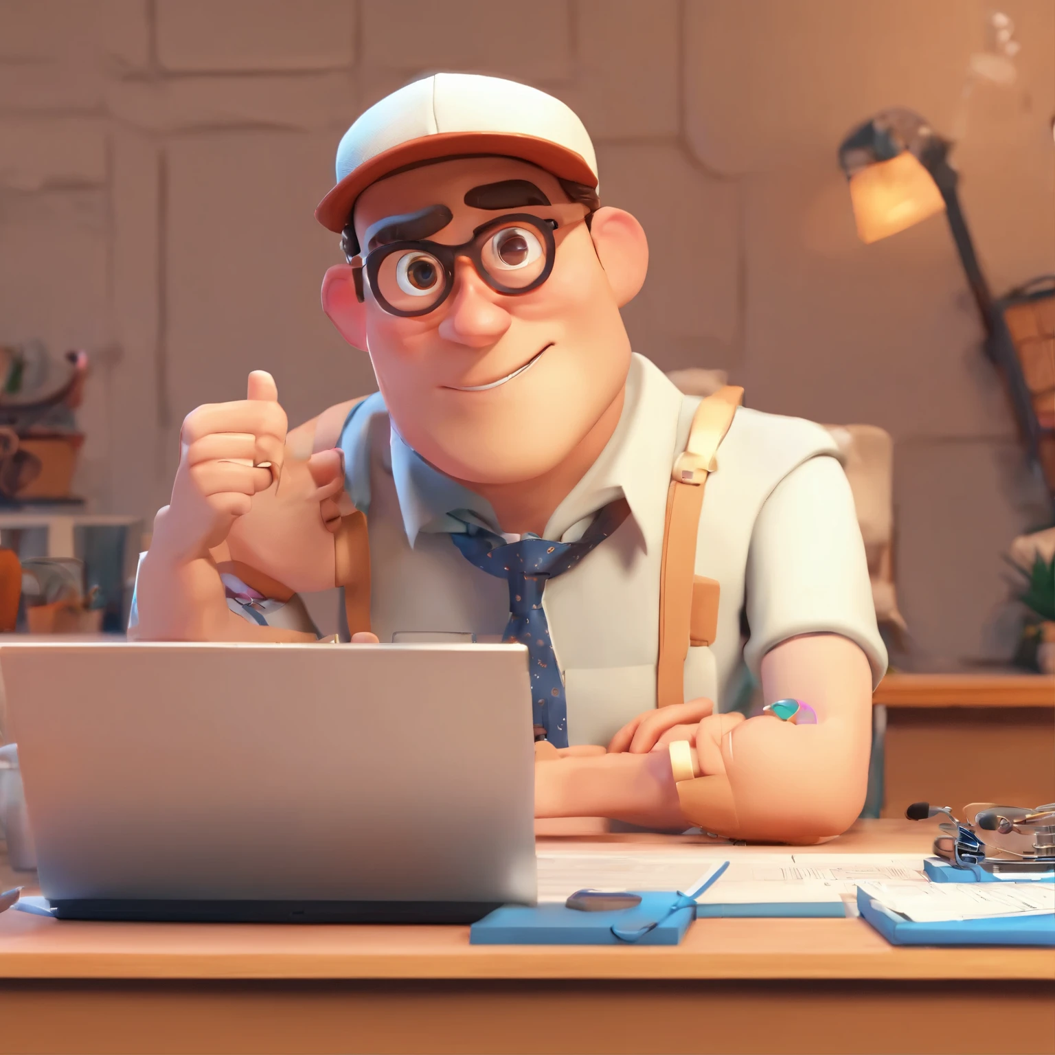 Cartoon character male news announcer 35 years old wearing a cap sitting at the table, animation character, stylized character, animation style render, 3D stylized, 3D rendering stylized, Cartoon rendering of a key frame, 3D персонаж, 3D персонаж, 3D-рендеринг стилизованный, 3D character rendering, cartoon character, character close up, Character pose, (Pixar Style) (main part:1.2) (hips) (Best quality) (detailed skin) (detailed texture) (8K) (clay) (cinematic lighting) (Sharp Focus