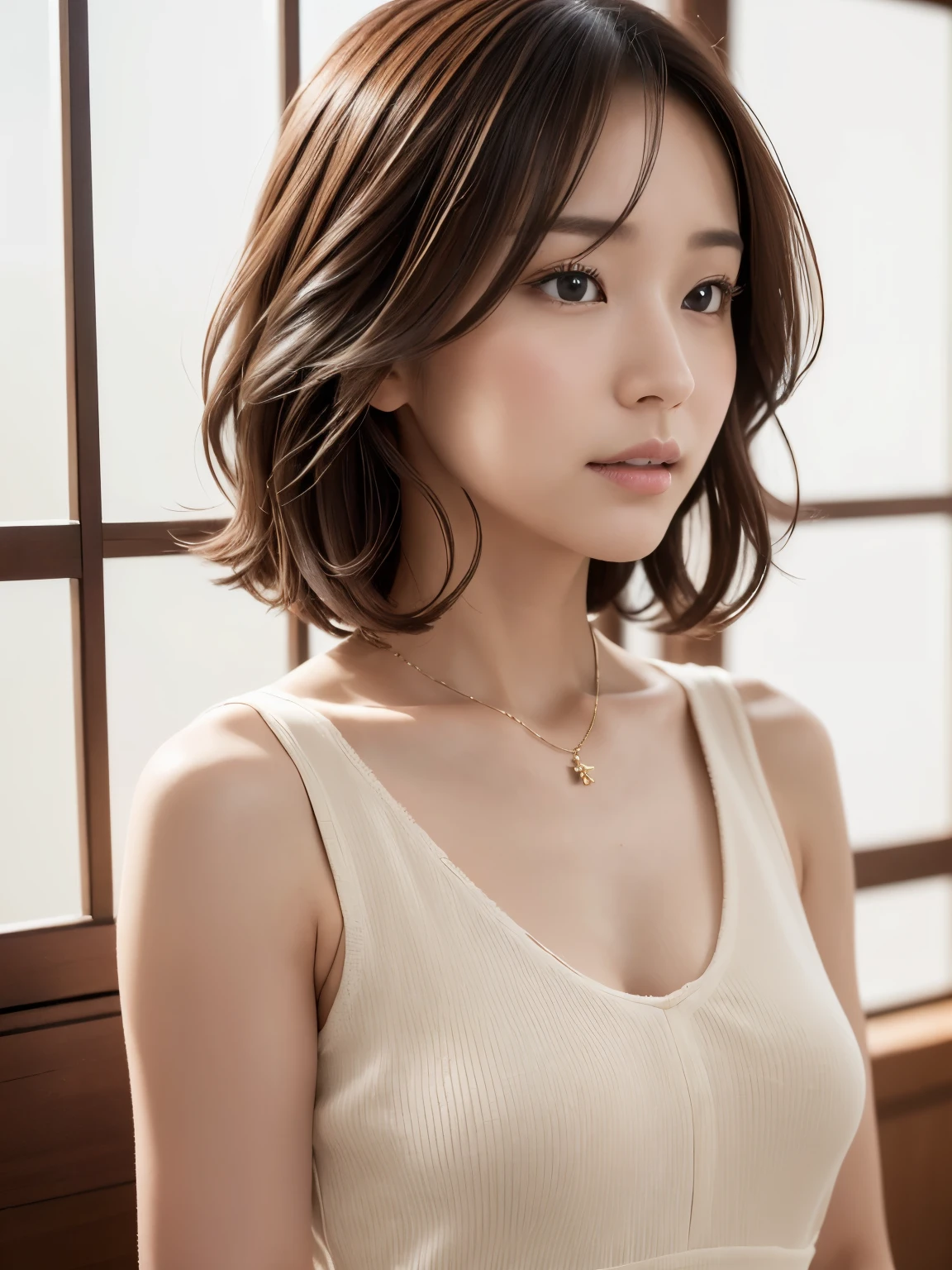 (layered haircut:1.2))、short wavy hair、8K、(Raw photo)、(最high quality)、(フォトrealistic:1.4)realistic to the touch realistic、(4KHigh level image quality:1.2)、(High resolution, table top, 最high qualityの, high detail, formal: 1.4), (realistic: 1.2, ハイパーrealistic: 1.1, フォトrealisticです: 1.37), Depth of bounds written, (Detailed explanation of hair), (Detailed description of the face), unparalleled beauty,, (35 years old,: 1.4)、I'm a little depressed、white wall、Taken in front of the white door、((窓のあるwhite wallの部屋))、natural soft light、realistic、High level image quality、high quality、profile、Versatile poses、profile、random pose、Autumn outfit、Winter clothes、 necklace、dark reddish brown hair