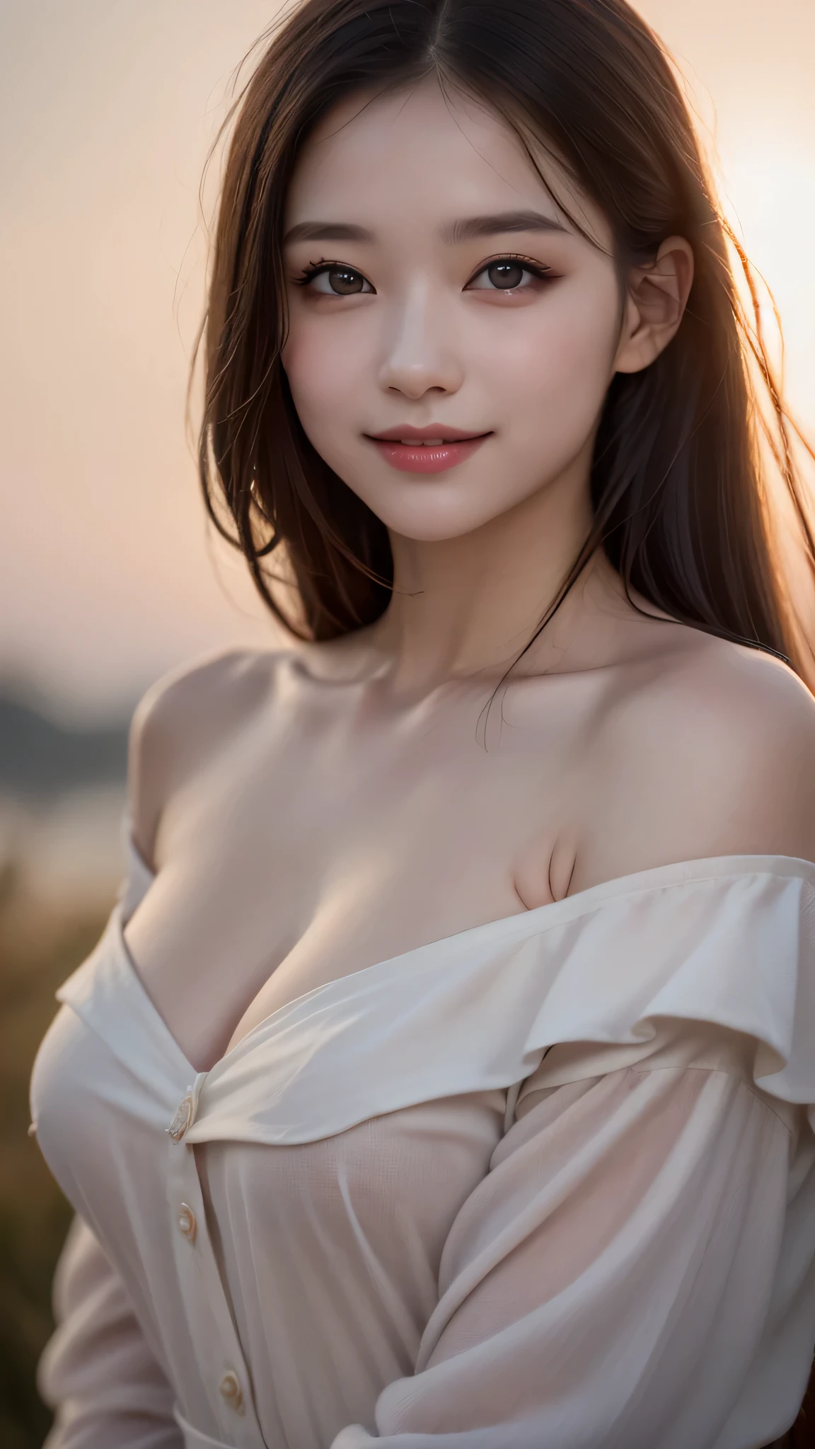 1girl, (Ultra realistic), (highly detailed eyes, highly detailed face), blonde hair, (off shoulder), breasts, upper body, caute smile, (best quality:1.4), Raw photo, (realistic, photo-realistic:1.37), professional photography, cinematic light, depth of fields, twilight, sunset
