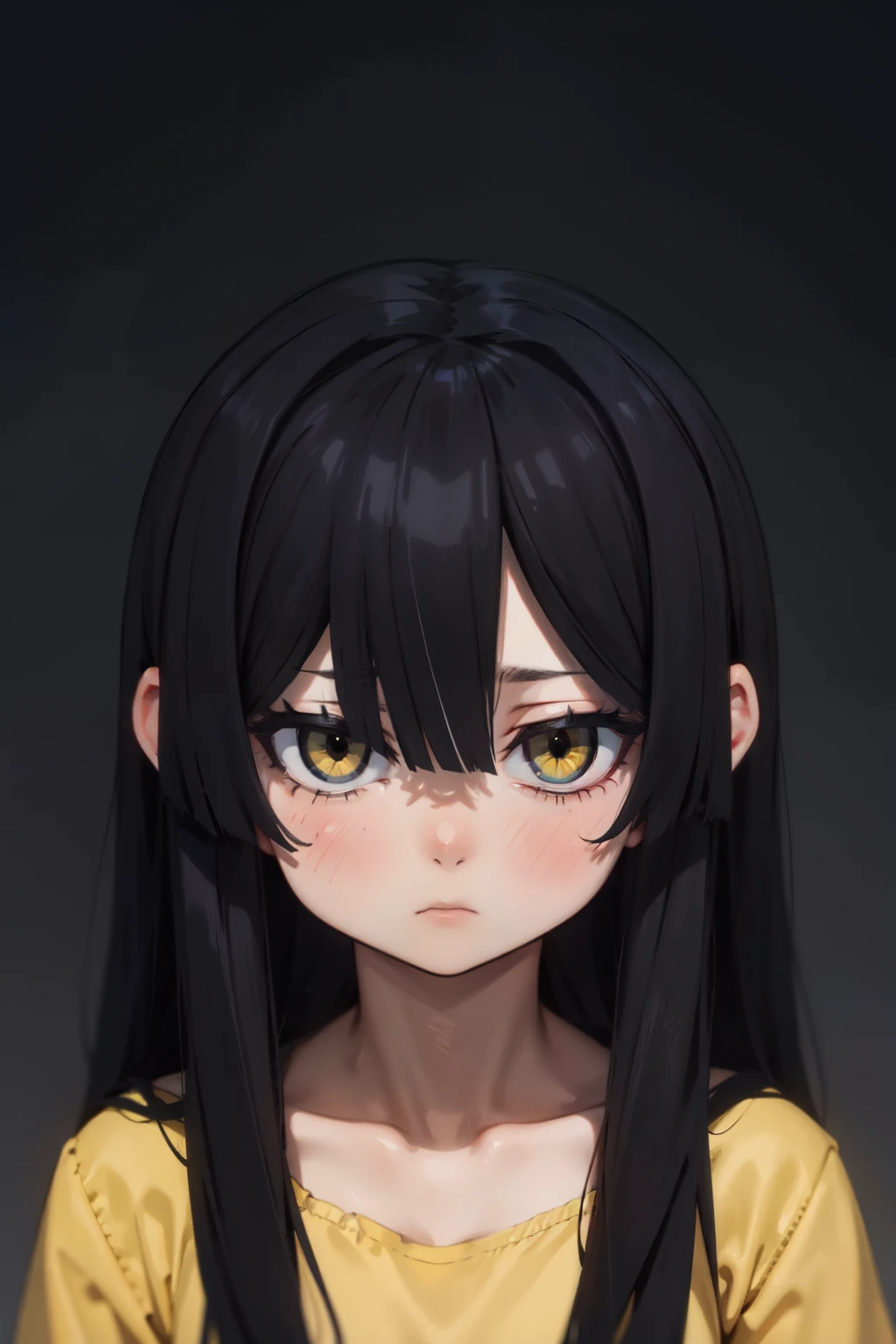 expressionless sad girl black hair yellow eyes