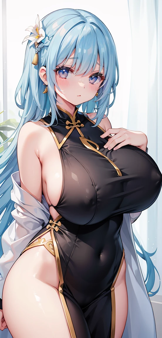 1 girl, big watery eyes*Su Jiushui**hair open*earrings*>,, Lola:Add to_detail:1,big breasts,very Bigger breasts,极其沉重的big breasts,极其柔软的big breasts,super gigantic breasts,secretion of milk,cheongsam,very soft breasts,The chest is larger than the head,plump figure,