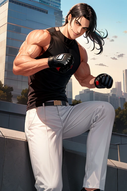 Two-dimensional, anime style, 1 man , solo, (male warrior), Robert Garcia, slim body, correct proportions, face details, martial arts, white pants, open orange vest, black tank top with turtleneck, black shoes, wearing MMA gloves, wearing navy blue glasses long ponytail hairstyle, light and shadow tracing, ray tracing, detail glow, CG rendering, hair details, long black hair,  a lot of details, martial arts tournament event, smiling joyfully, looking at the viewer, making his combat position 