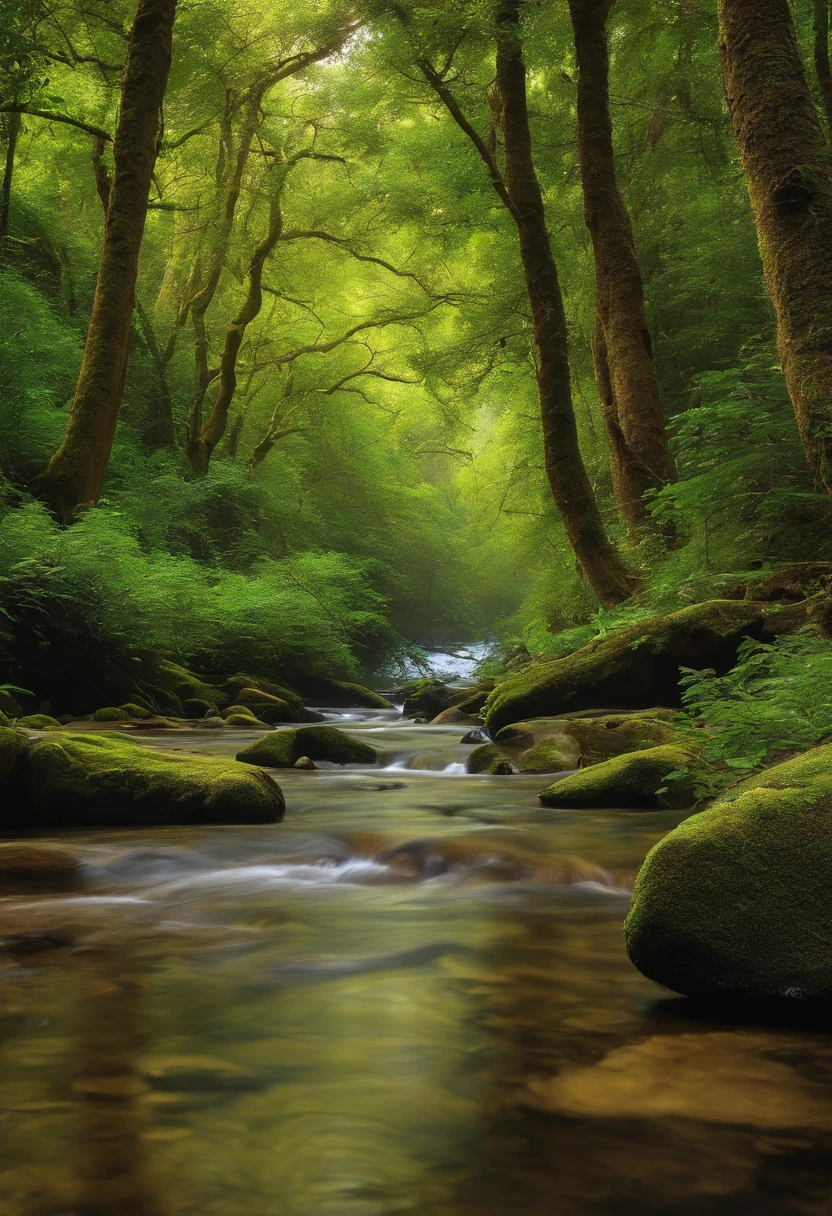 forest full of trees, flores, frutas, stream of water passing through the middle