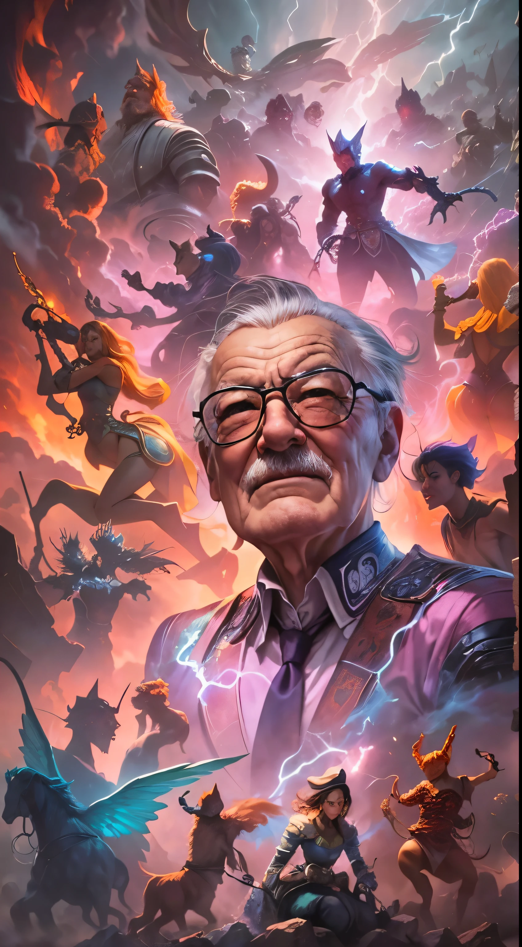 Create a fascinating visual narrative paying homage to Stan Lee's unparalleled creativity, seamlessly fusing artistic styles reminiscent of Henry Asencio and Josephine Wall. View a captivating scene where Stan Lee's visionary brilliance comes to the fore, surrounded by vibrant and dynamic elements similar to Asencio's expressive brushwork. Infuse the composition with the magical and imaginative essence characteristic of Josephine Wall's whimsical art, interweaving fantastical elements with Stan Lee's iconic legacy. Imagine a canvas that not only celebrates Lee's larger-than-life presence, but also captures the limitless universe of characters he brought to life, criando um quadro visualmente fascinante que homenageia seu legado duradouro."