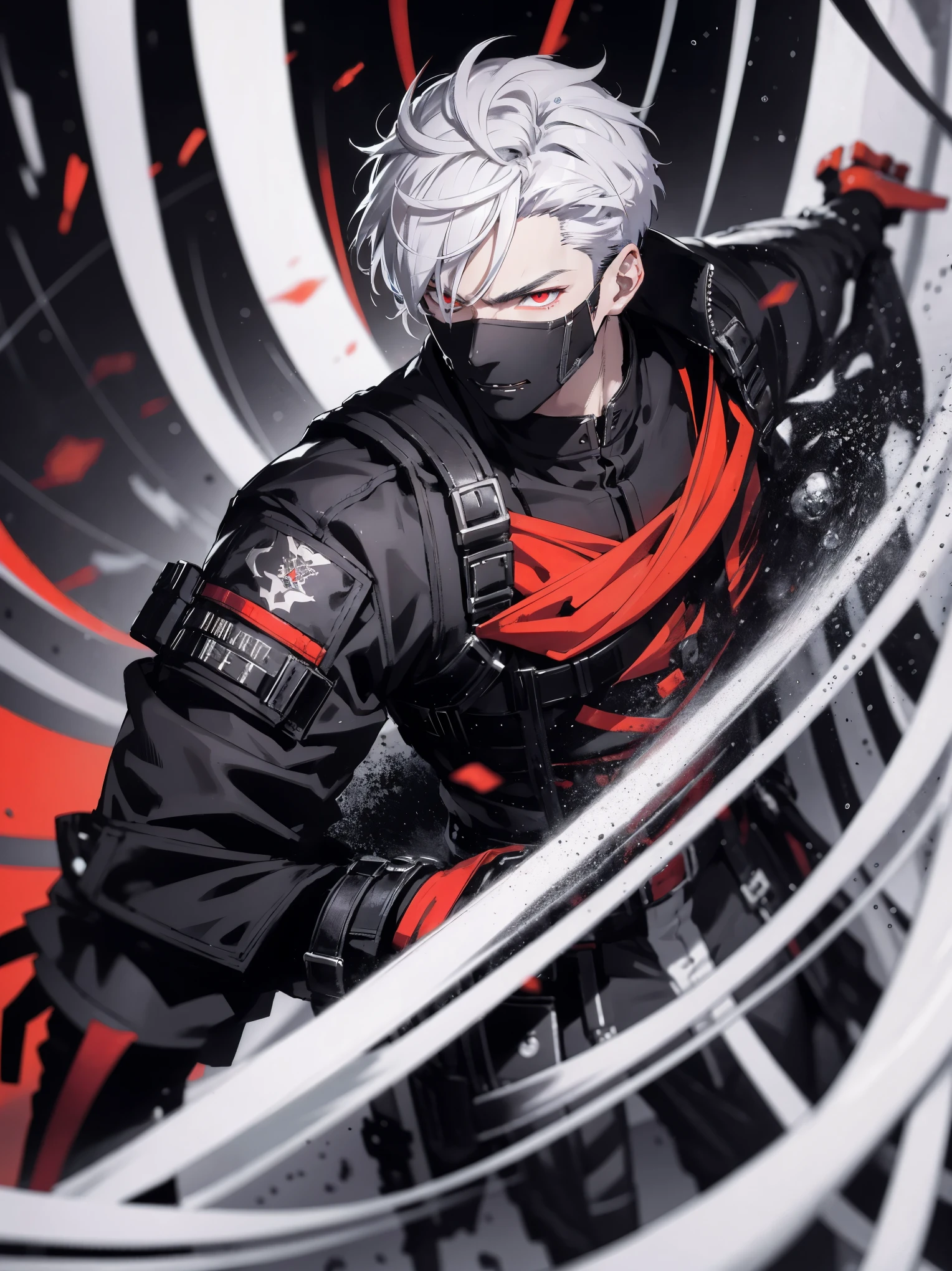 (absurds, Highresolution, hyper detailed), Masterpiece、,, best quaity, a man in black assassin outfit, solo, handsome,,,, finely anime eyes, Detailed Face, short haircut, white hair, vibrant red eye, Black Background,Dark lines, From Below, look down, Cowboy shot, swirl, vortex, spark
