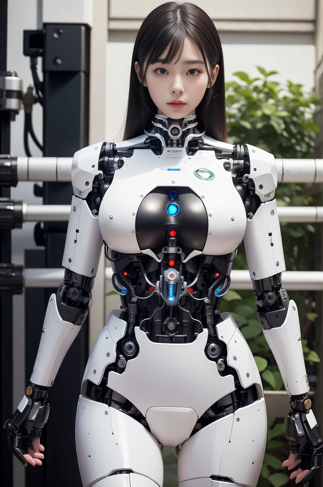 masterpiece, best quality, extremely detailed, (8K, 4K, Best Quality, hight resolution, 超A high resolution:1.1), 8K portrait,1girl in, Japaese android girl,Plump , control panels,android,Droid,Mechanical Hand, ,Robot arms and legs, Black hair,Mechanical body,Blunt bangs,White Robotics Parts,perfect robot woman,Charging spot,Long Tube,A thick cable was connected to her neck,ceramic body ,android,robot humanoid,a bit chubby,panty,full eyes,perfect mechanical body,white robotics body,future assembly plant,white body,She has repaired,black sponge joints,android assembly plant,android,laboratory,perfect machine body,white robot body,