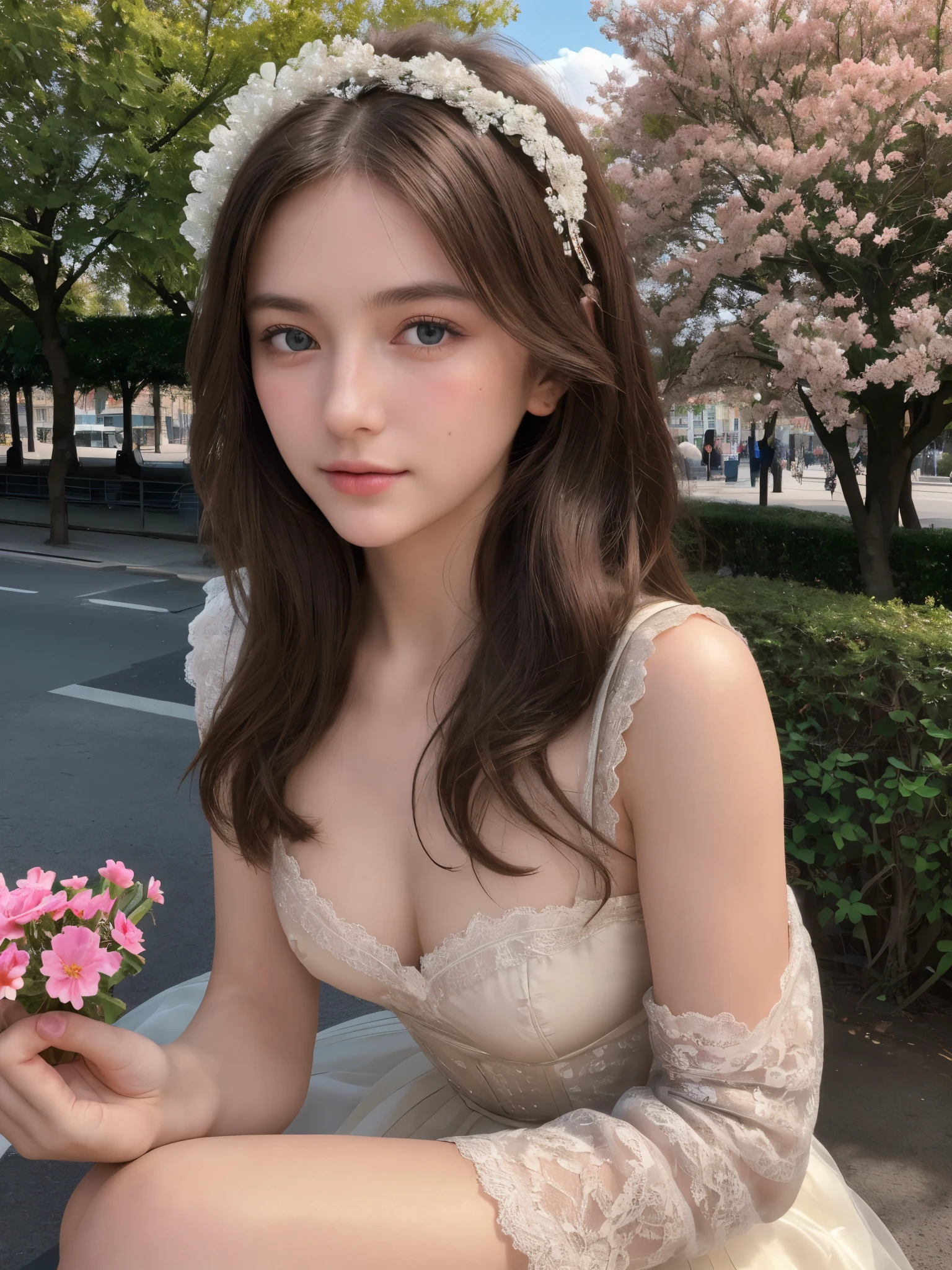 (masterpiece:1.2),best quality,high resolution,unity 8k wallpaper,(illustration:1),perfect lighting,photo_\(medium\),photorealistic,realistic,RAW, analog, Nikon Z 85mm, award winning glamour photograph,((best quality)), ((masterpiece)), ((realistic)), 18th century, vintage image, gorgeous French woman wearing, lace dress and corset, wearing a crown, 25 year old, (long brown hair), hazel eyes, small perky breasts, sitting outside at a Paris caf, eiffel tower in background, , ((small breasts)), innocent, flower pedals in the air, (freckles:0.6), intricate details, highly detailed, sharp focus, professional, 4k, spring flowers blooming, god rays, hand model, stunning blue eyes, , delicate, innocent,highres, detailed facial features, high detail, sharp focus, smooth, aesthetic, extremely detailed, photo_\(ultra\), photorealistic, realistic, post-processing, max detail, roughness, real life, ultra realistic, photorealism, photography, 8k uhd, photography, SEMI-SILHOUETTE light, russian face