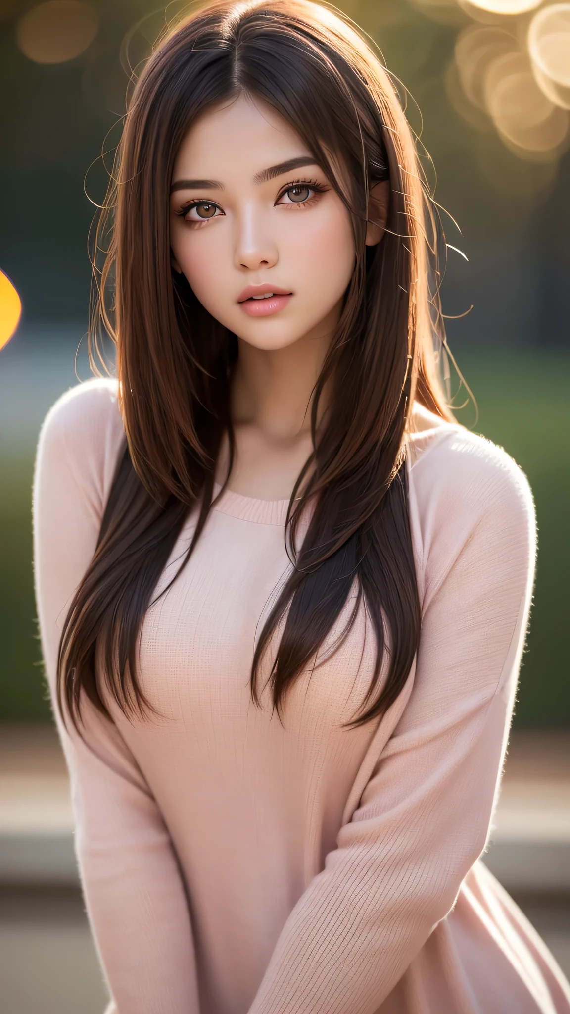 ((1girl)), Brown hair, Amazing face and eyes, Pink eyes, (amazingly beautiful girl), Brown hair, ((Best Quality)), (Ultra-detailed), (extremely detailed CG unified 8k wallpaper), Highly detailed, High-definition raw color photos, Professional Photography, (((Bokeh))), depth of fields,