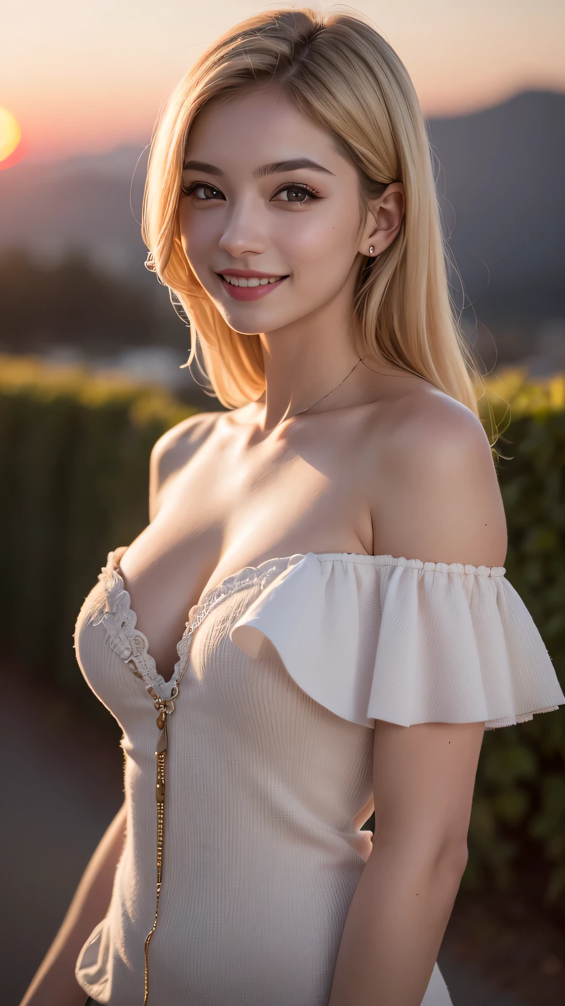 1girl, (Ultra realistic), (highly detailed eyes, highly detailed face), blonde hair, (off shoulder), breasts, upper body, caute smile, (best quality:1.4), Raw photo, (realistic, photo-realistic:1.37), professional photography, cinematic light, depth of fields, twilight, sunset