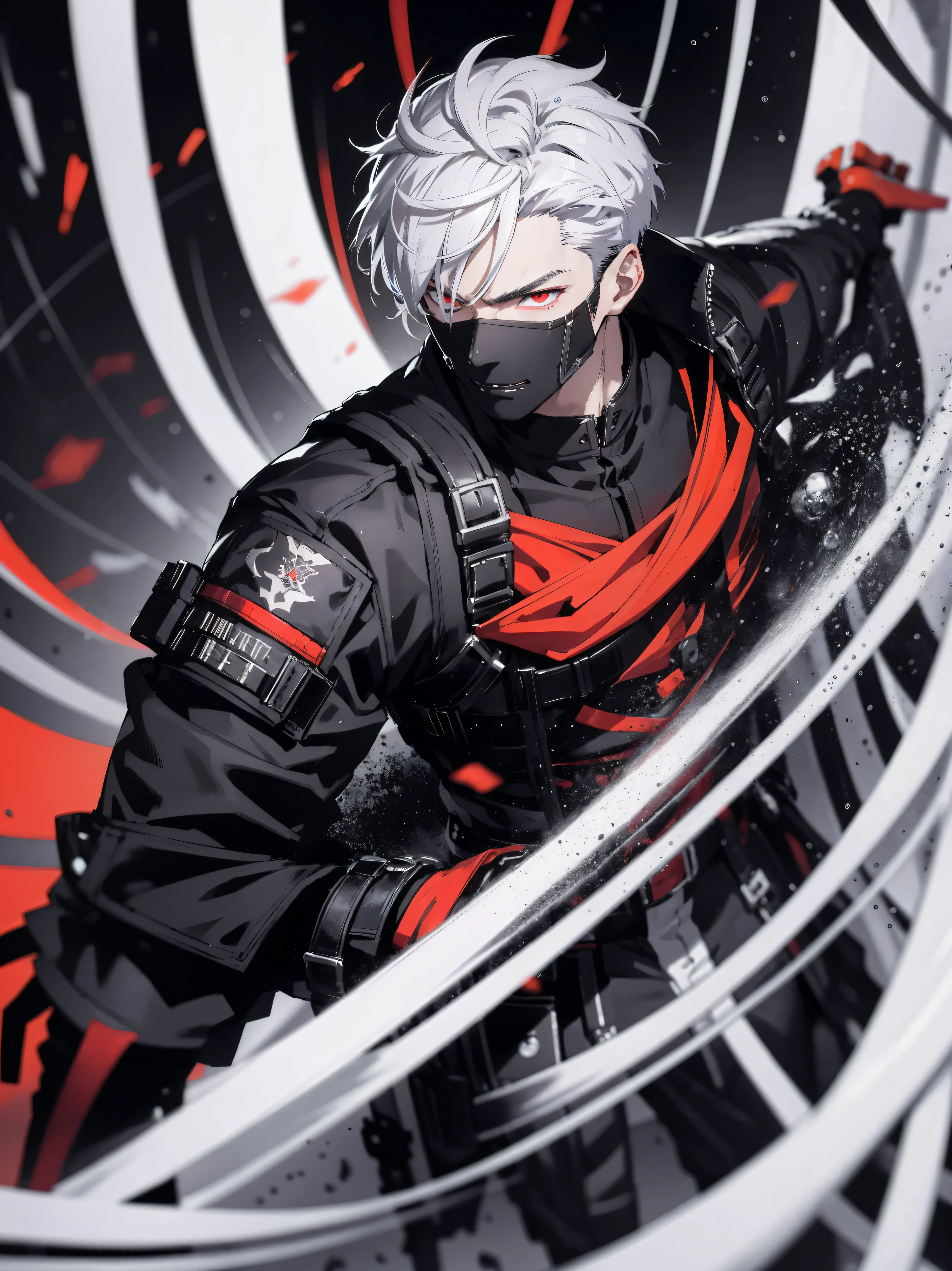 (absurds, Highresolution, hyper detailed), Masterpiece、,, best quaity, a man in black assassin outfit, solo, handsome,,,, finely anime eyes, Detailed Face, short haircut, white hair, vibrant red eye, Black Background,Dark lines, From Below, look down, Cowboy shot, swirl, vortex, spark