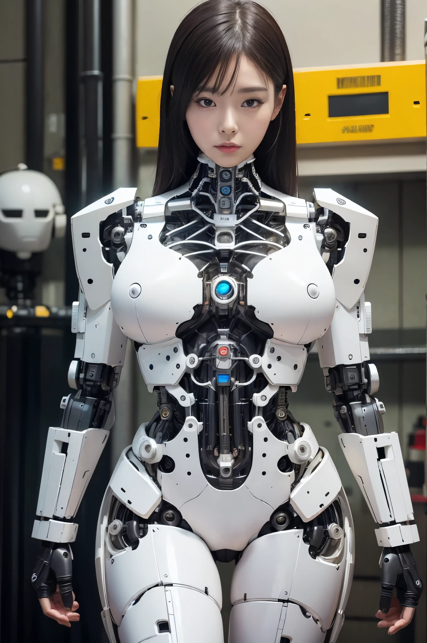 masterpiece, best quality, extremely detailed, (8K, 4K, Best Quality, hight resolution, 超A high resolution:1.1), 8K portrait,1girl in, Japaese android girl,Plump , control panels,android,Droid,Mechanical Hand, ,Robot arms and legs, Black hair,Mechanical body,Blunt bangs,White Robotics Parts,perfect robot woman,Charging spot,Long Tube,A thick cable was connected to her neck,ceramic body ,android,robot humanoid,a bit chubby,panty,full eyes,perfect mechanical body,white robotics body,future assembly plant,white body,She has repaired,black sponge joints,android assembly plant,android,laboratory,perfect machine body,white robot body,