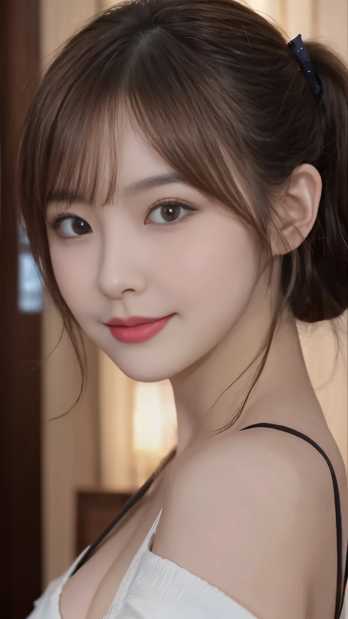 beautiful japanese woman,Photos taken by a professional photographer,Fancy makeup with red eyeshadow,double eyelid,The best smile,Delicate brown hair with short cut and side waves,big ring earrings,elegant legs,Wearing black high heels,long and thin legs, white shirt and super miniskirt, long legs, standing during class, very beautiful slim legs, とても美しいlong and thin legs, sitting at desk, Business service, beautiful feet, good hips and long legs, beautiful feet, surreal high school girl, cleavage, sitting on a black box,