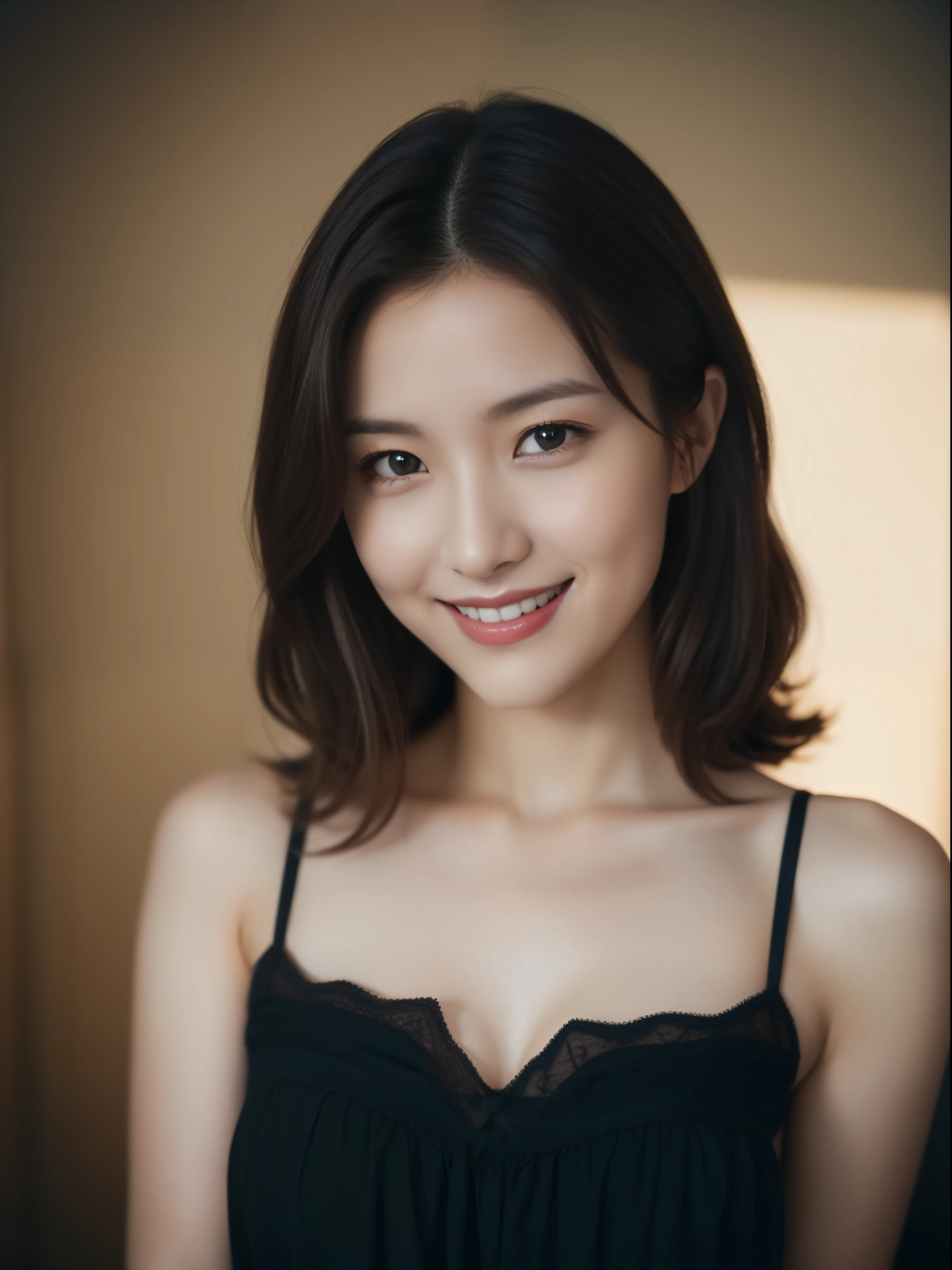 beautiful 30 year old woman。She is wearing a satin camisole。Lace on the chest and hem.。cute smile。her dark brown hair、、her hair is long。High resolution、masterpiece、highest quality、Head w:1.4、((Hasselblad Photos))、fine skin、fine knit、(movie lighting)、clavicle