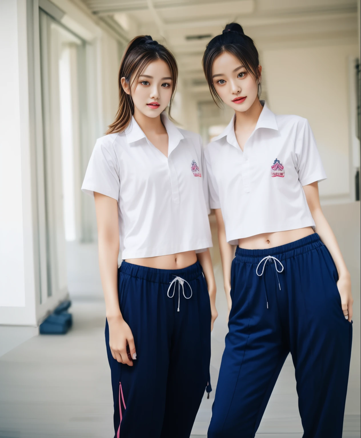 2 girls in the fitness room, Navy blue short-sleeved shirt,Navy Long Trackpant,Sweatpants, Sweatpantsขายาว,25 year old girl, lesbian, sexy, exercise clothes, wet body