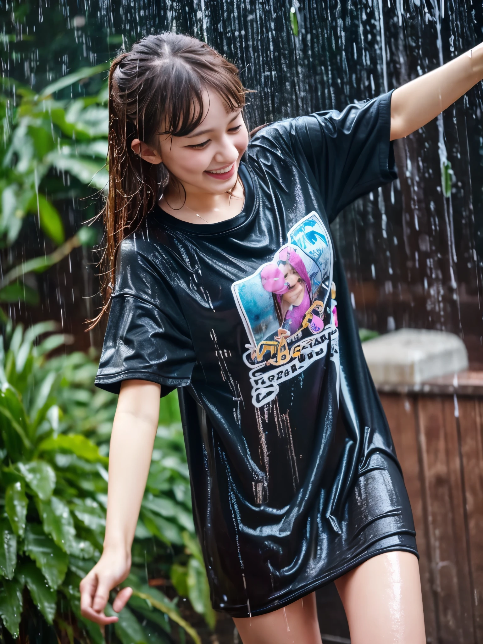 Best Quality, Masterpiece, Ultra High Resolution, (Realism: 1.4), Original Photo, 1Girl, wearing a wet t-shirt dress in the rain, carefree, dancing, wet clothes, clinging
